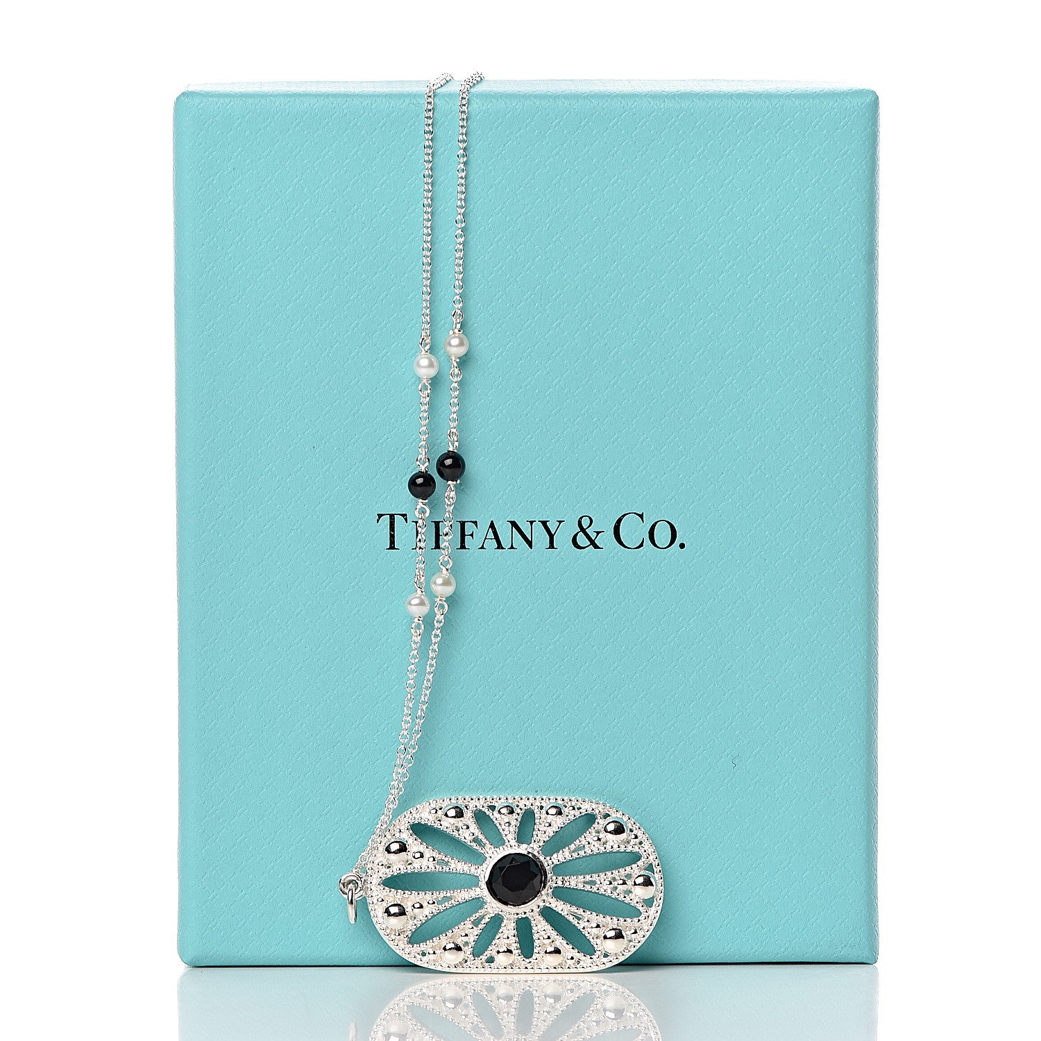 Tiffany Sterling Silver Black Onyx Pearl Ziegfeld Daisy Pendant Necklace 7 of 7