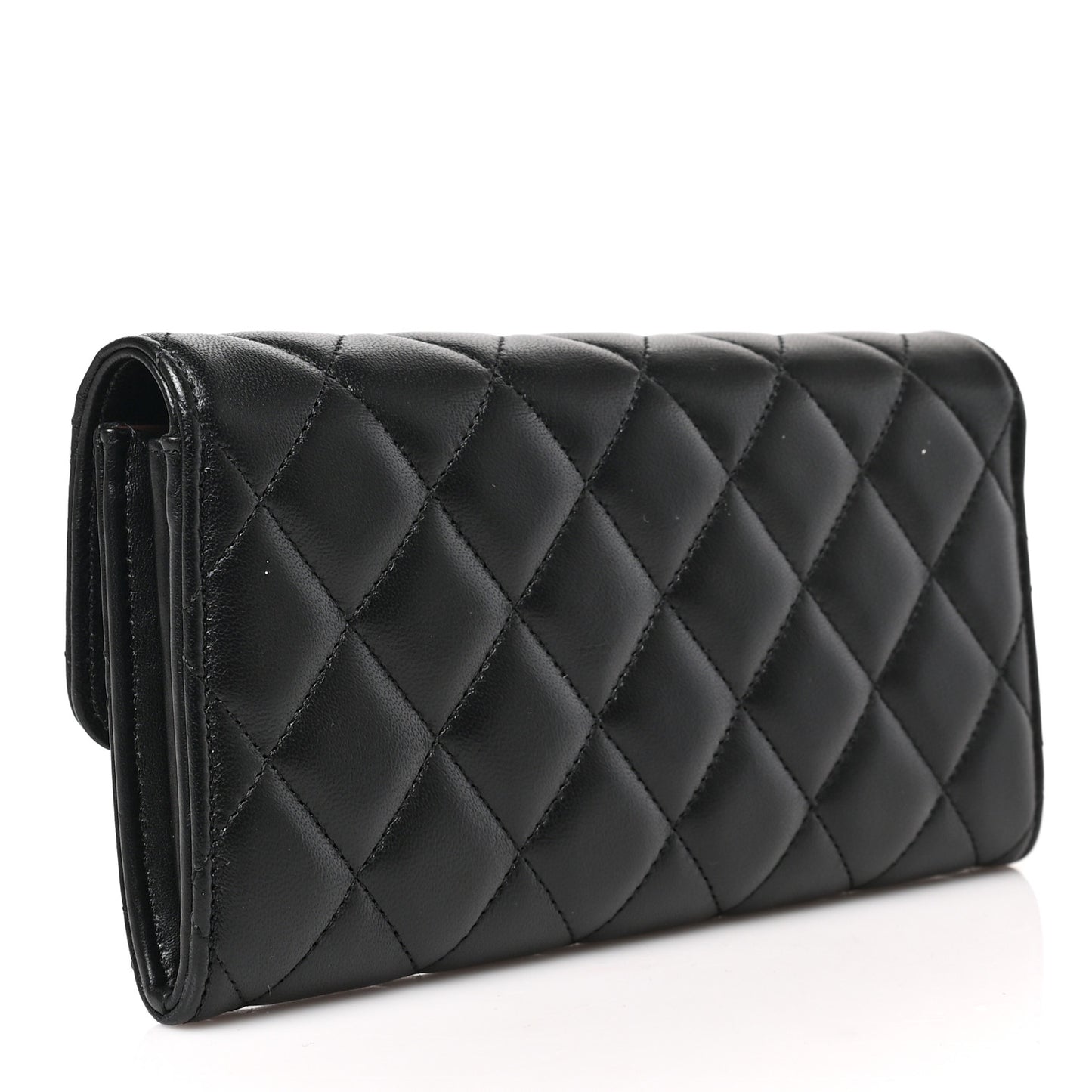 Lambskin Quilted Large Gusset Flap Wallet Black