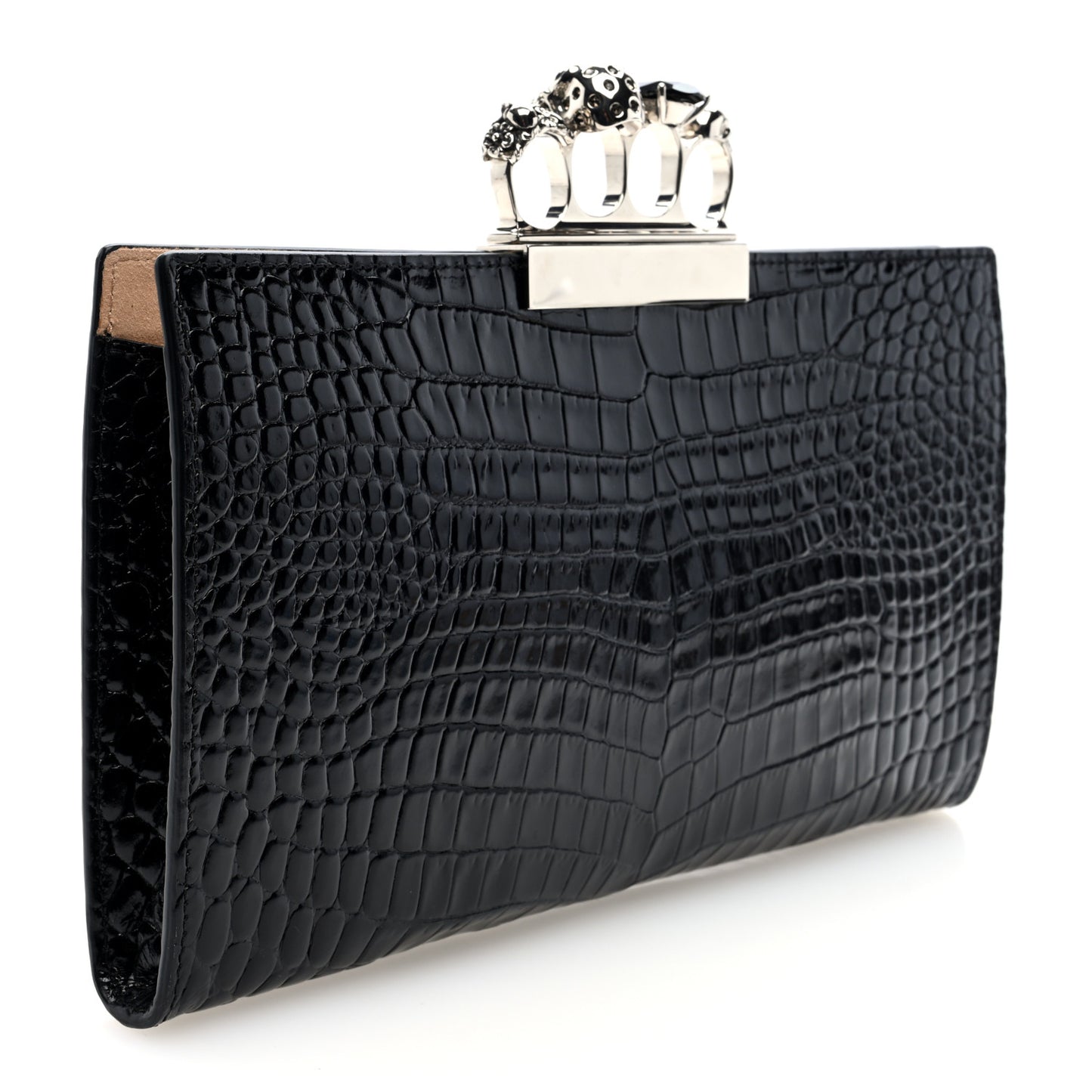 Calfskin Crocodile Embossed Knuckle Flat Clutch Black