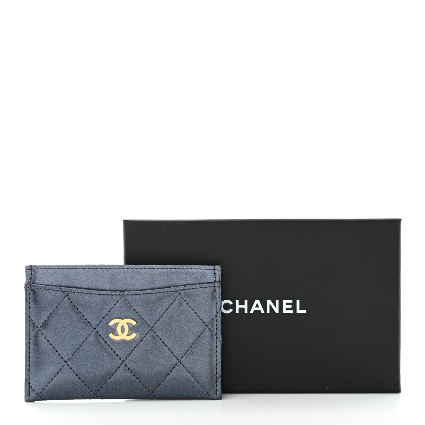 Metallic Lambskin Quilted Card Holder Wallet Dark Blue