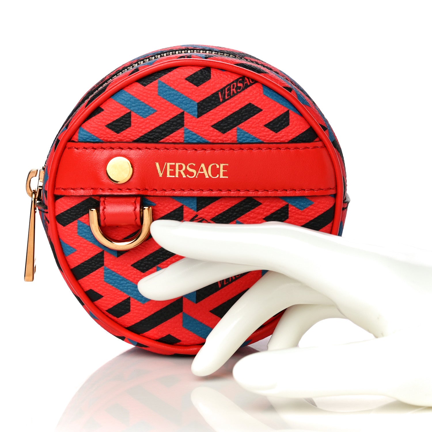 Versace Coated Canvas Calfskin La Greca Round Zip Pouch Blue Red 2 of 9