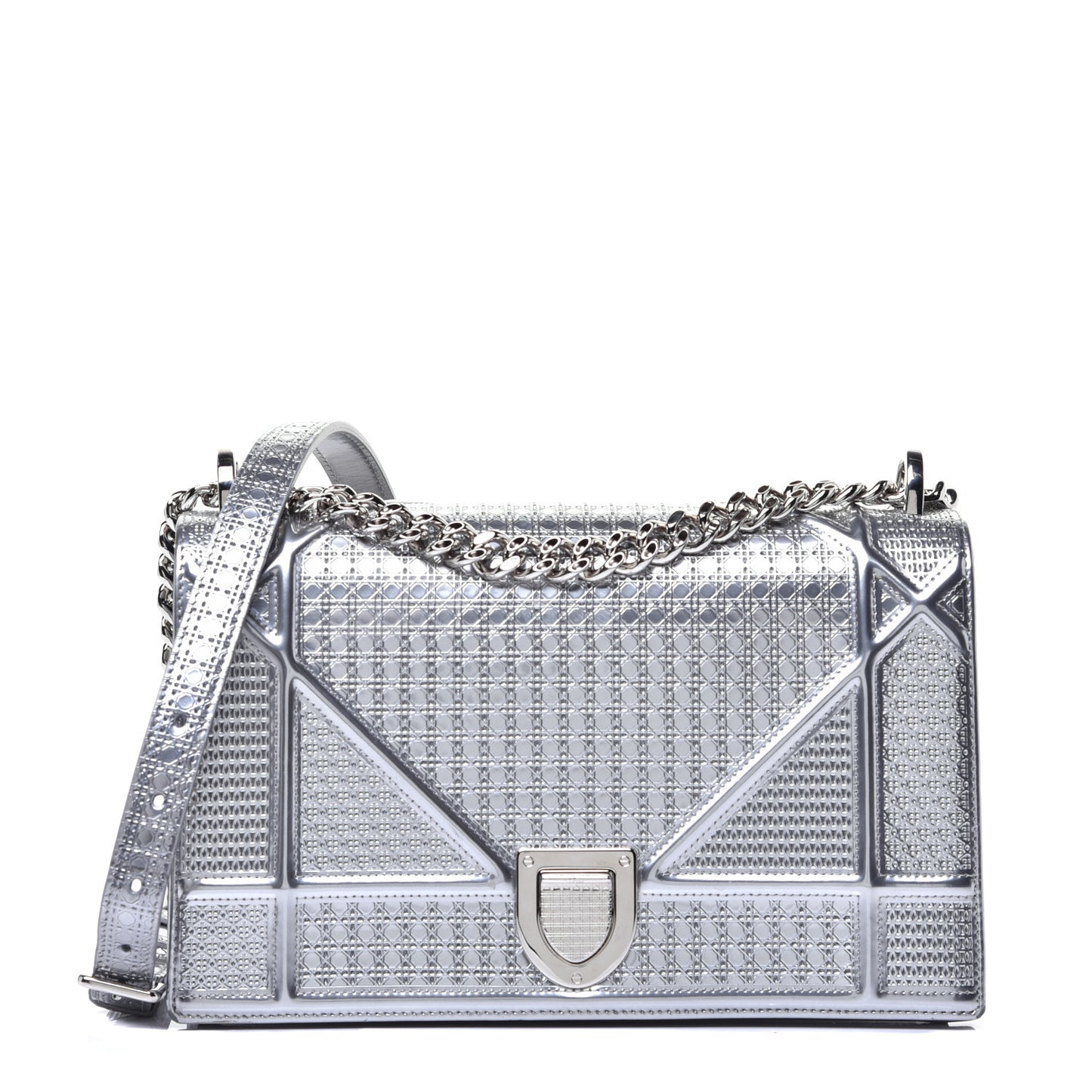Metallic Patent Micro-Cannage Medium Diorama Flap Bag Silver
