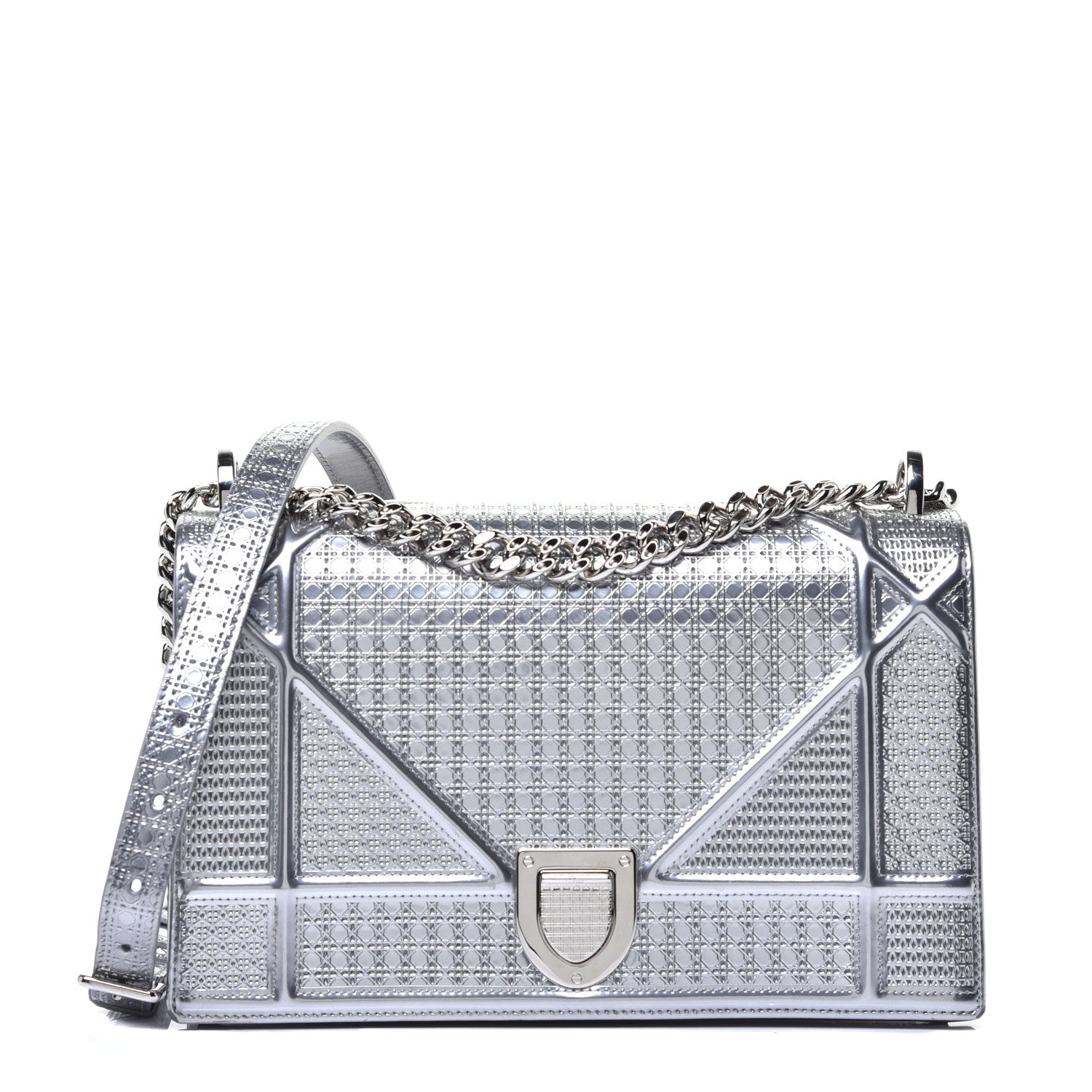 Christian Dior Metallic Patent Micro-Cannage Medium Diorama Flap Bag Silver 1 of 8