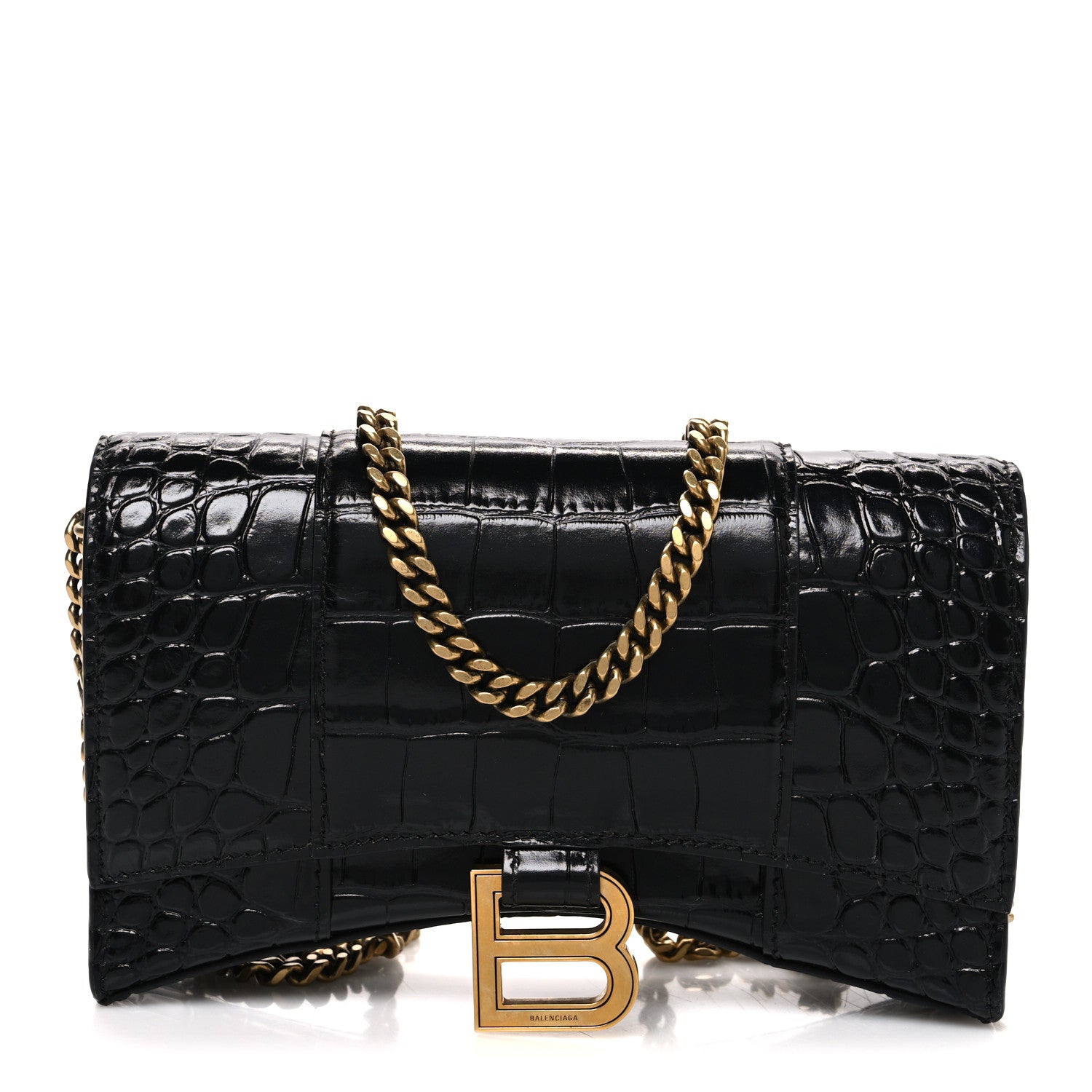 Balenciaga Shiny Calfskin Crocodile Embossed Hourglass Chain Bag Black 1 of 10