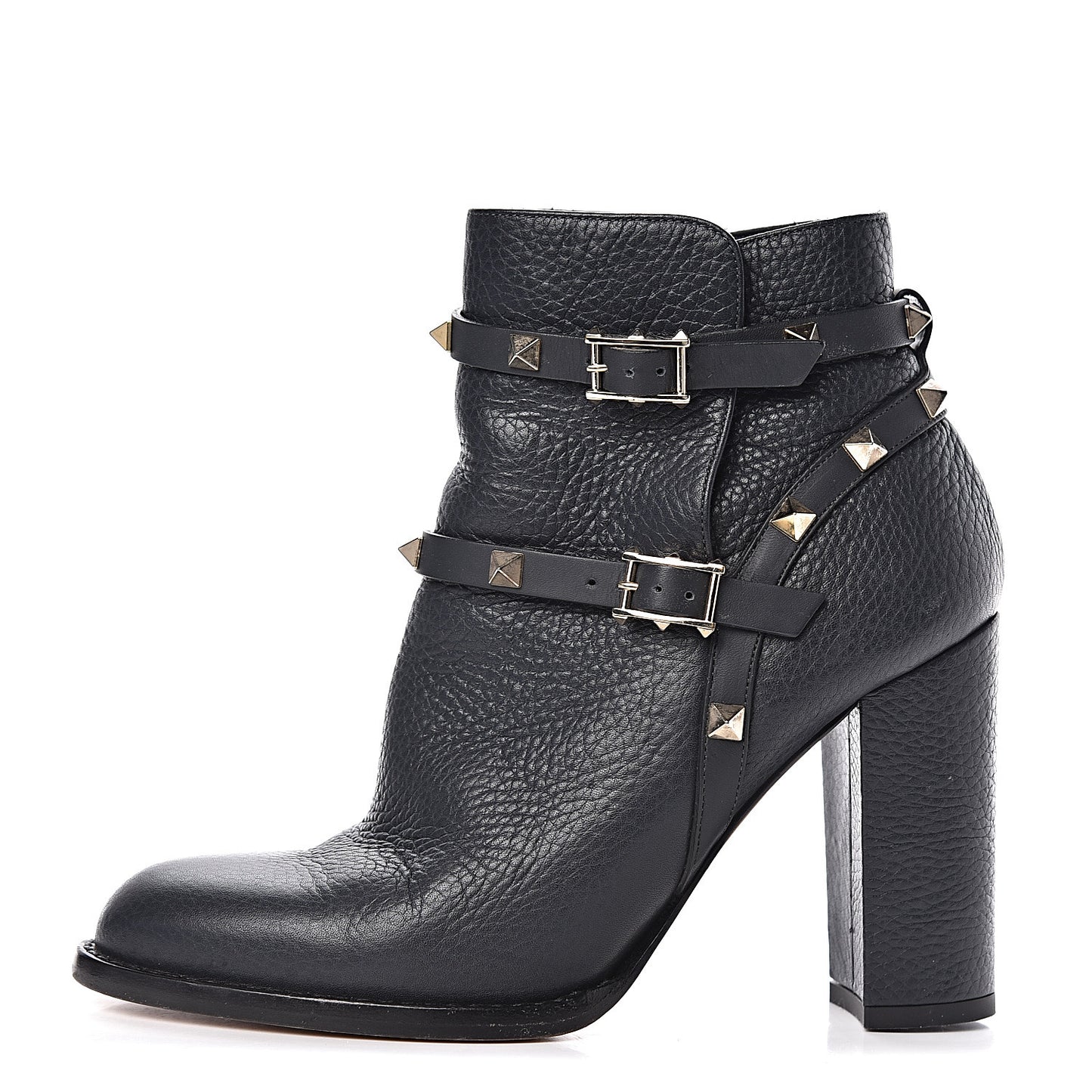 Pebbled Calfskin Rockstud Double Buckle 100mm Block Heel Ankle Boots 36.5 Grey