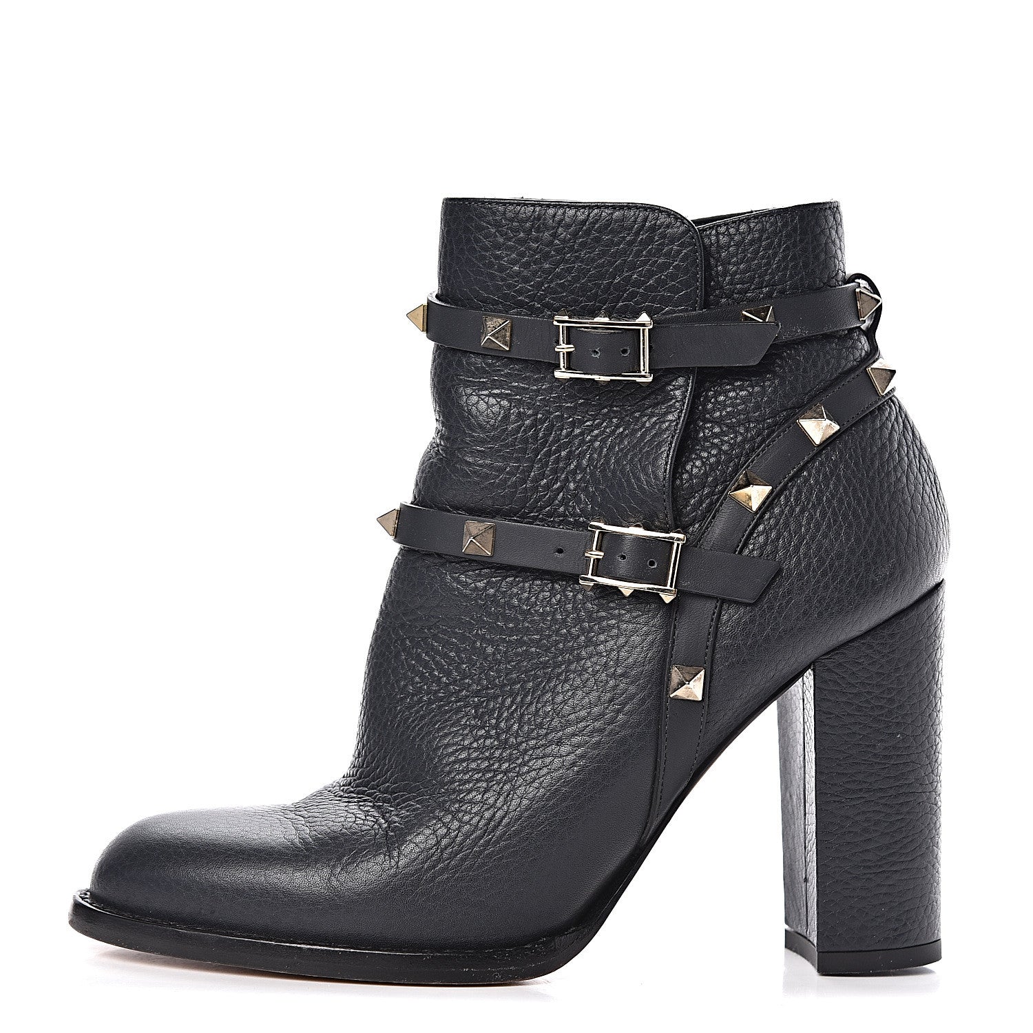 Valentino Garavani Pebbled Calfskin Rockstud Double Buckle 100mm Block Heel Ankle Boots 36.5 Grey 1 of 11