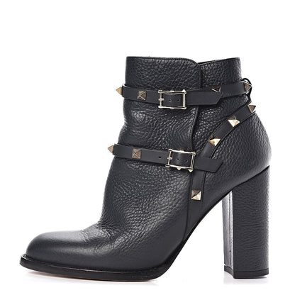 Valentino Garavani Pebbled Calfskin Rockstud Double Buckle 100mm Block Heel Ankle Boots 36.5 Grey 1 of 11
