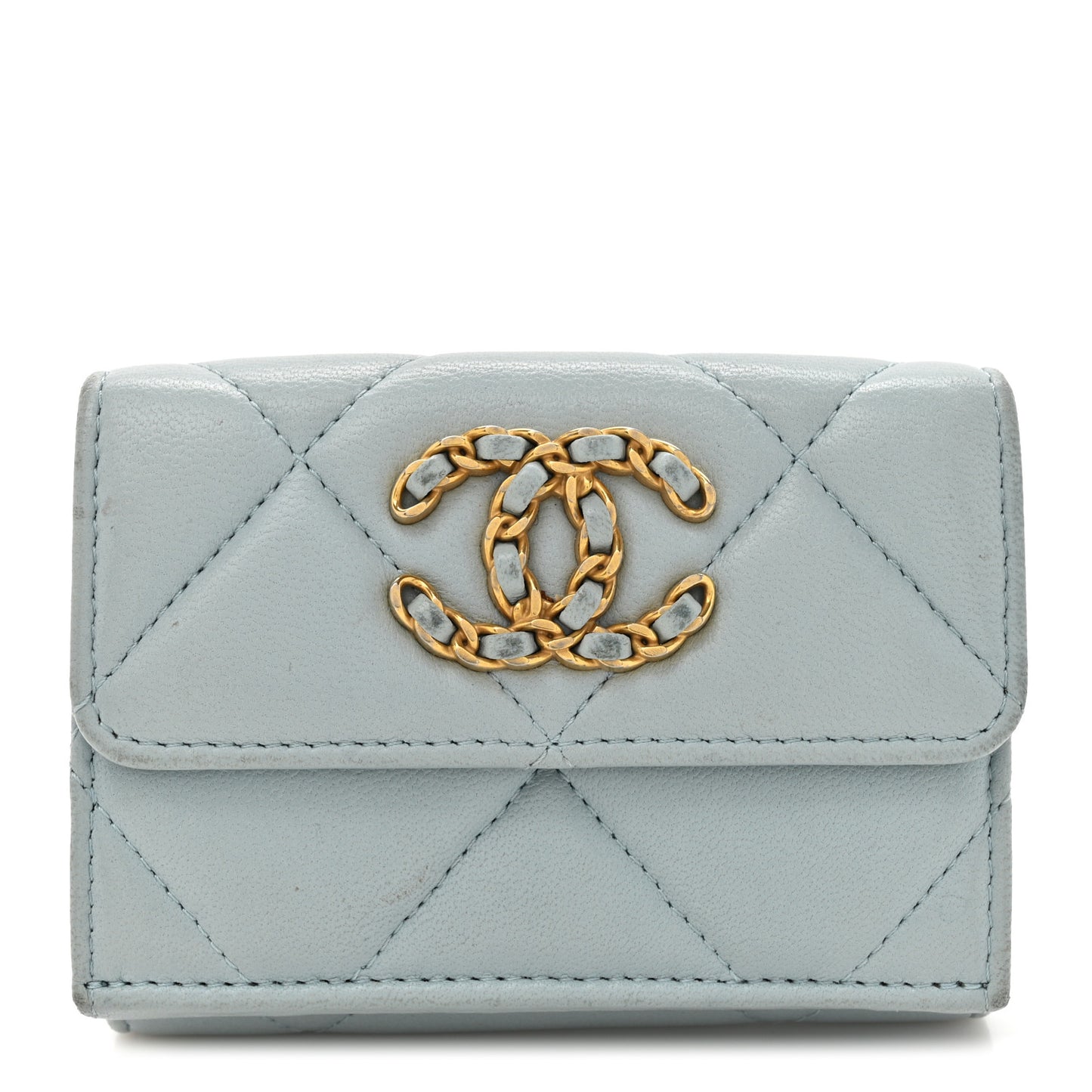 Lambskin Quilted Chanel 19 Flap Card Holder Light Blue