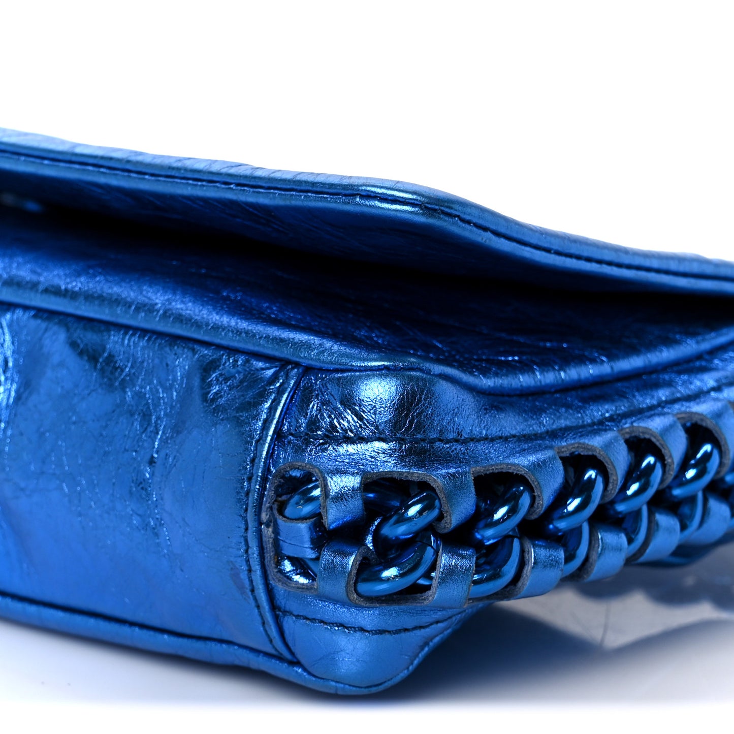Metallic Cracked Calfskin Modern Chain Flap Bag Blue