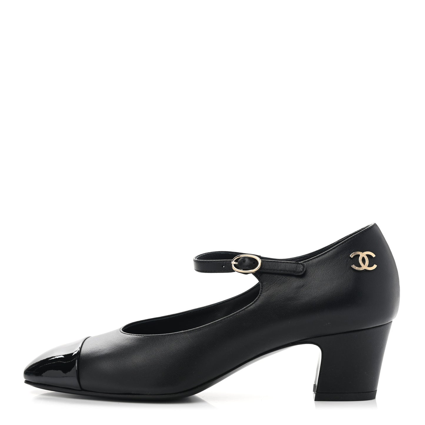 Patent Lambskin Cap Toe Mary Jane Mid Heel Strap Pumps 36 Black