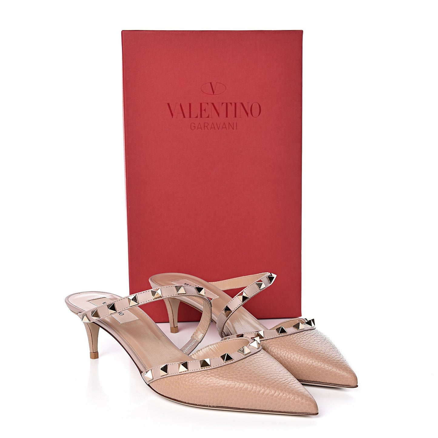 Pebbled Calfskin Rockstud Cross Strap 50mm Mules 38.5 Poudre