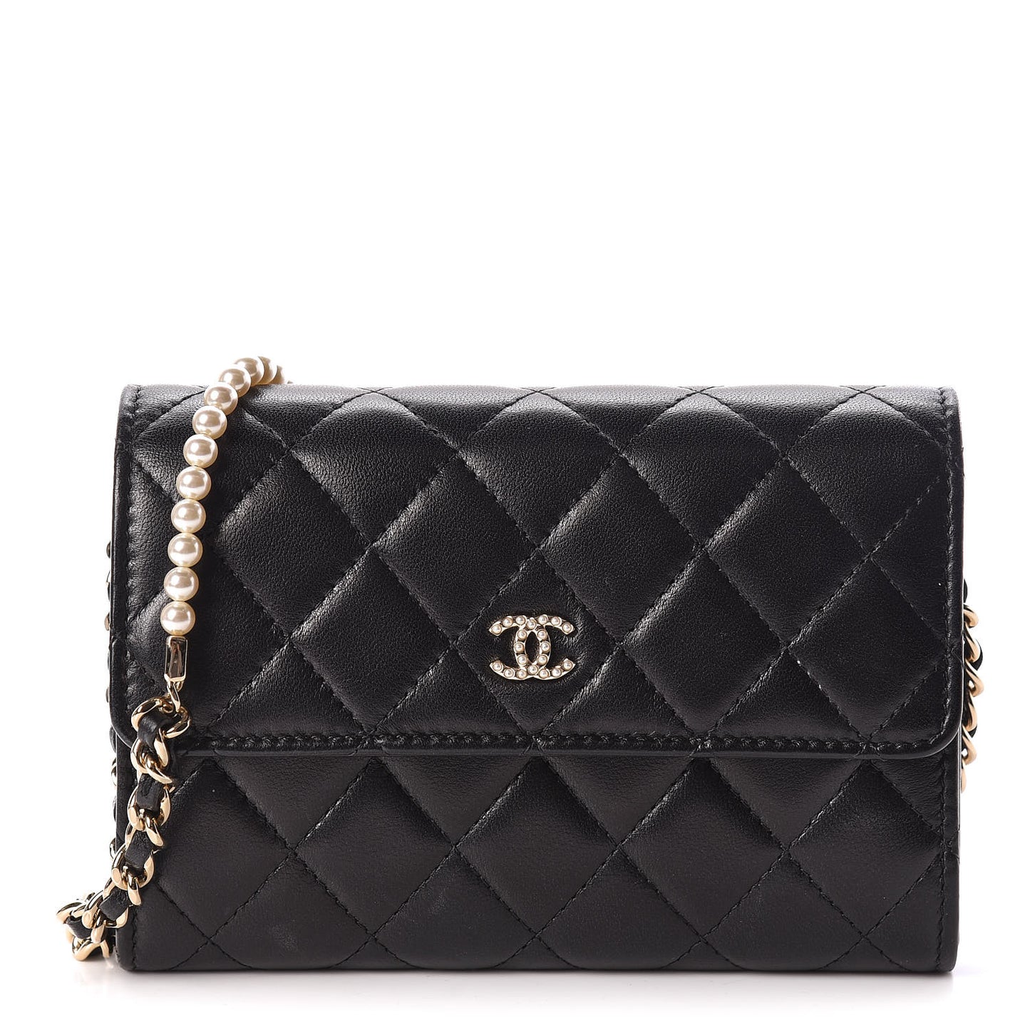 Lambskin Quilted Pearl Clutch With Chain Black
