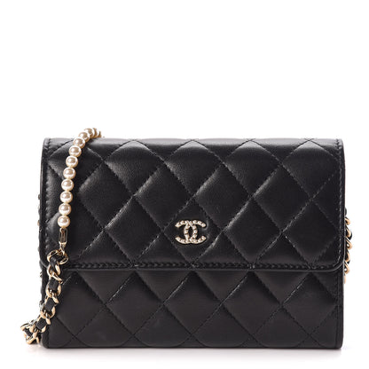 Chanel Lambskin Quilted Pearl Clutch With Chain Black 1 of 14