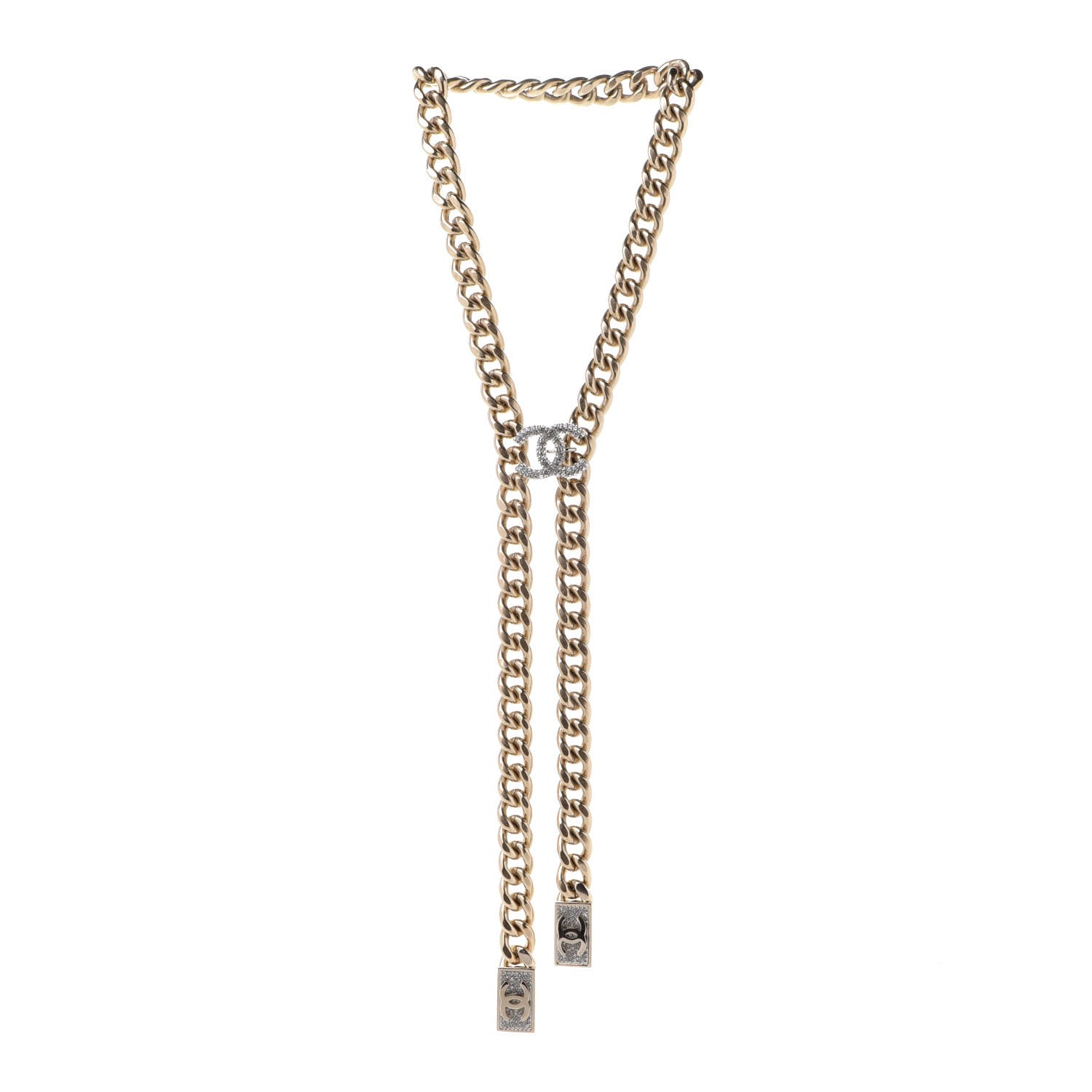Chanel Chain Link Crystal CC Dog Tag Charm Necklace Gold 3 of 7