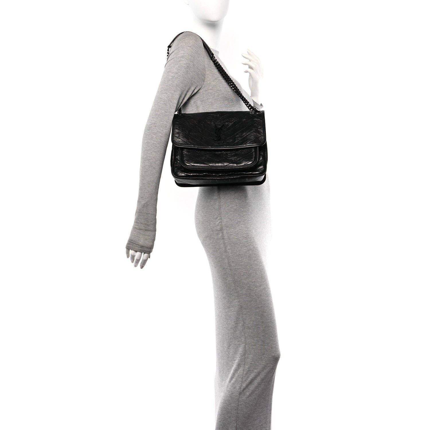 Saint Laurent Crinkled Calfskin Matelasse Monogram Medium Niki Chain Satchel Black 2 of 10