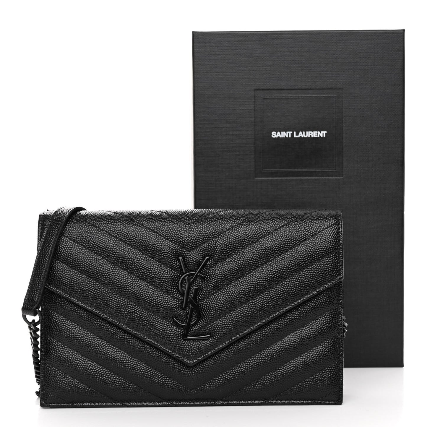 SAINT LAURENT Grain De Poudre Matelasse Chevron Monogram Monochrome Envelope Chain Wallet Black