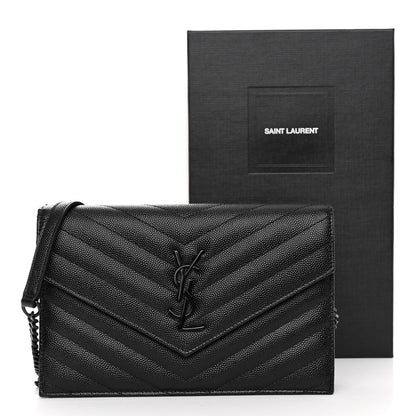 Saint Laurent SAINT LAURENT Grain De Poudre Matelasse Chevron Monogram Monochrome Envelope Chain Wallet Black 11 of 11