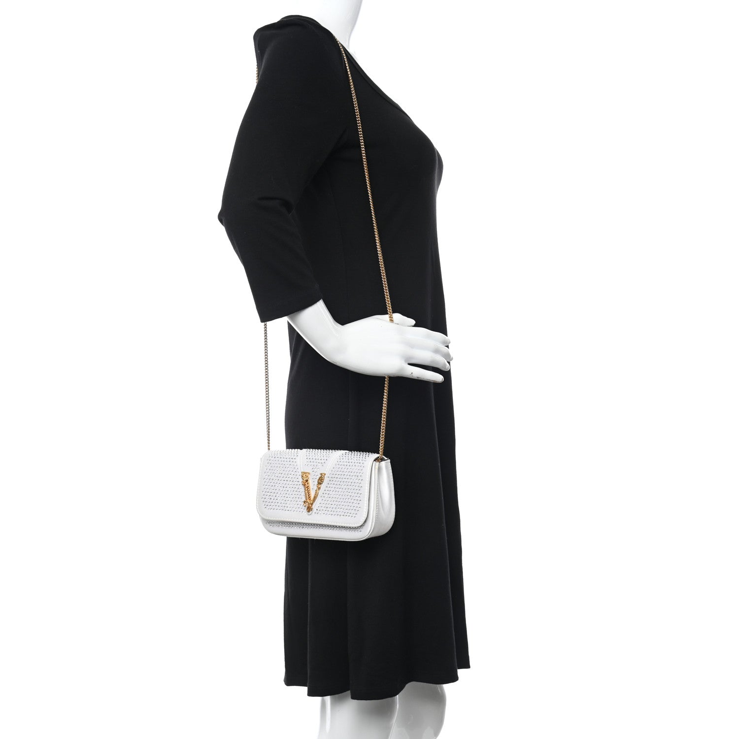 Versace Satin Crystal Virtus Chain Clutch White 2 of 10