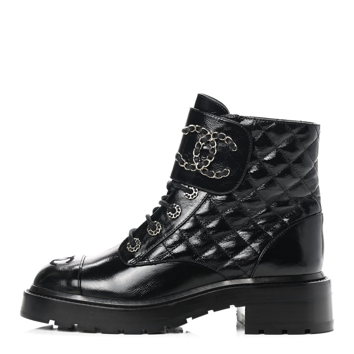 Shiny Calfskin Quilted Lace Up Combat Boots 37 Black