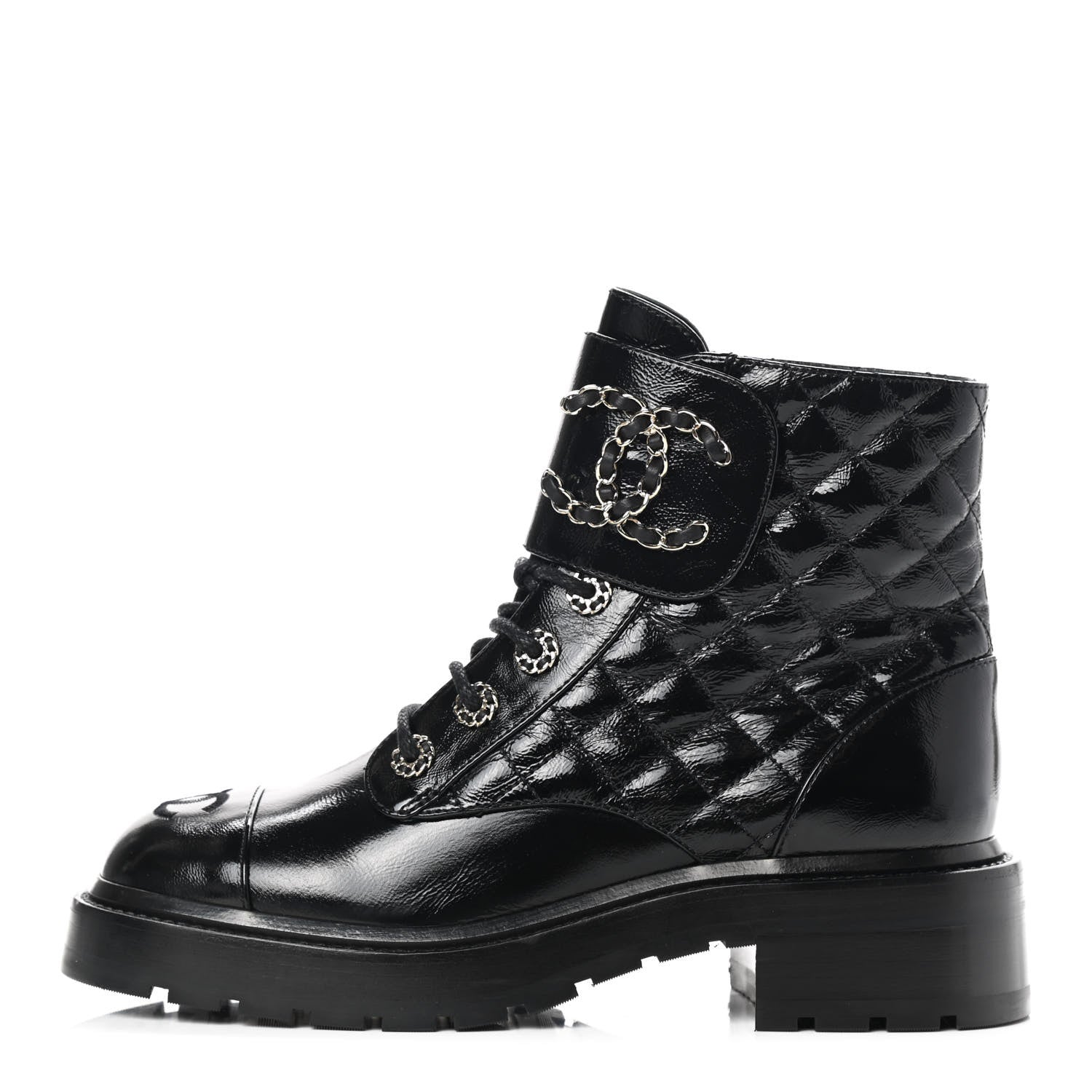 Chanel Shiny Calfskin Quilted Lace Up Combat Boots 37 Black 1 of 7
