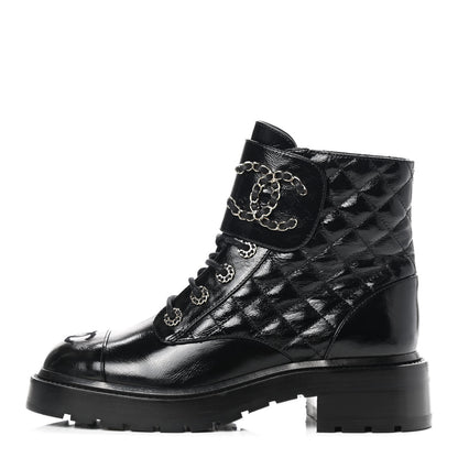 Chanel Shiny Calfskin Quilted Lace Up Combat Boots 37 Black 1 of 7
