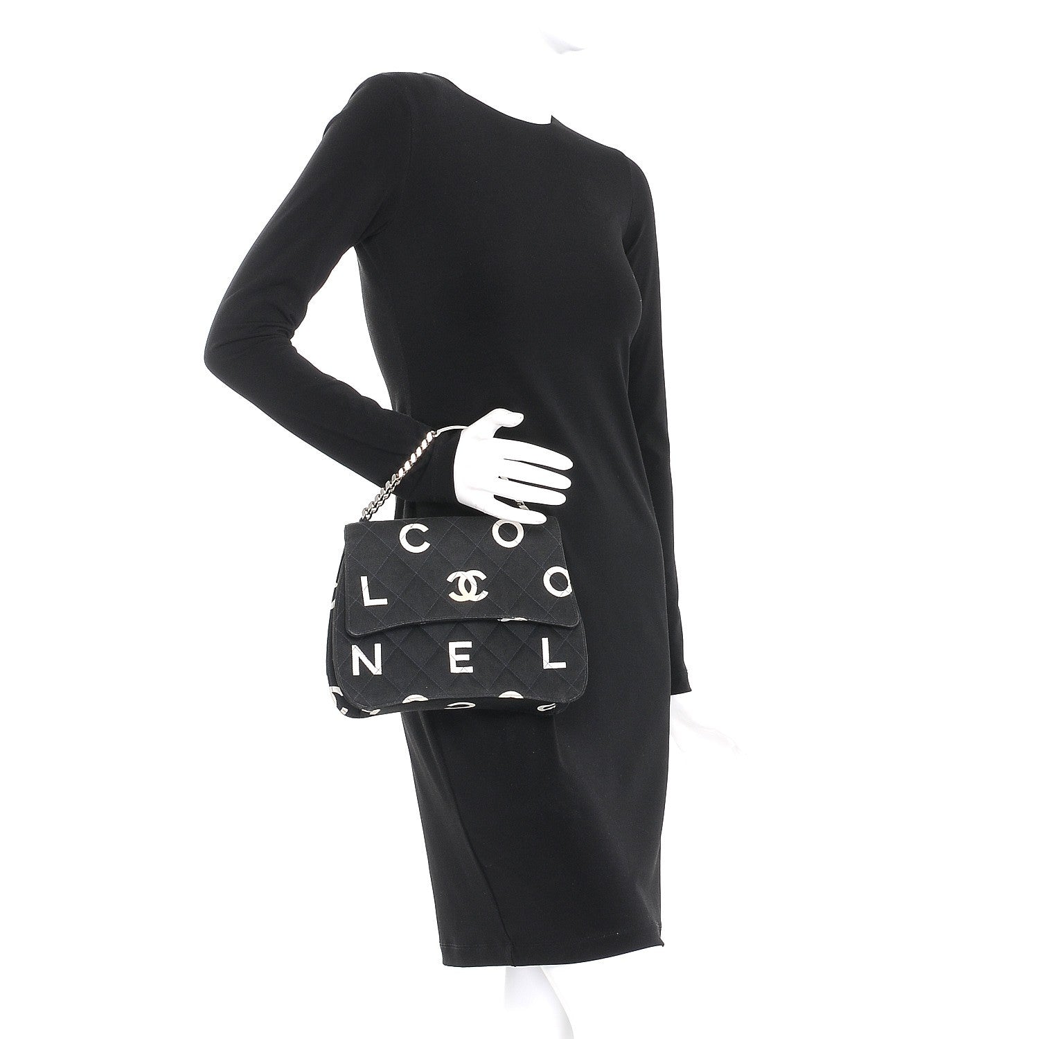 Chanel Canvas Quilted Letter Printed Flap Black 2 of 11