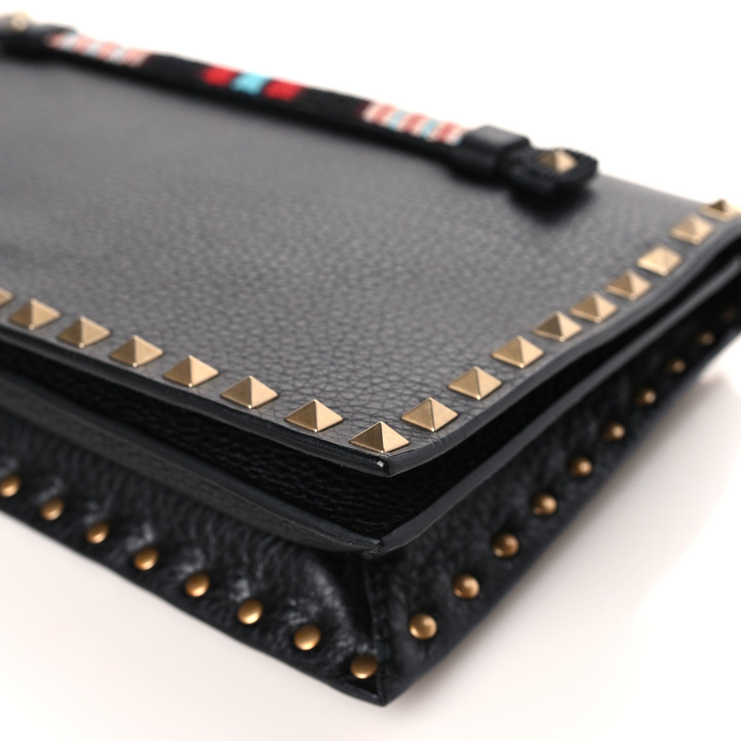 Pebbled Calfskin Beaded Strap Rockstud Medium Clutch Wristlet Black
