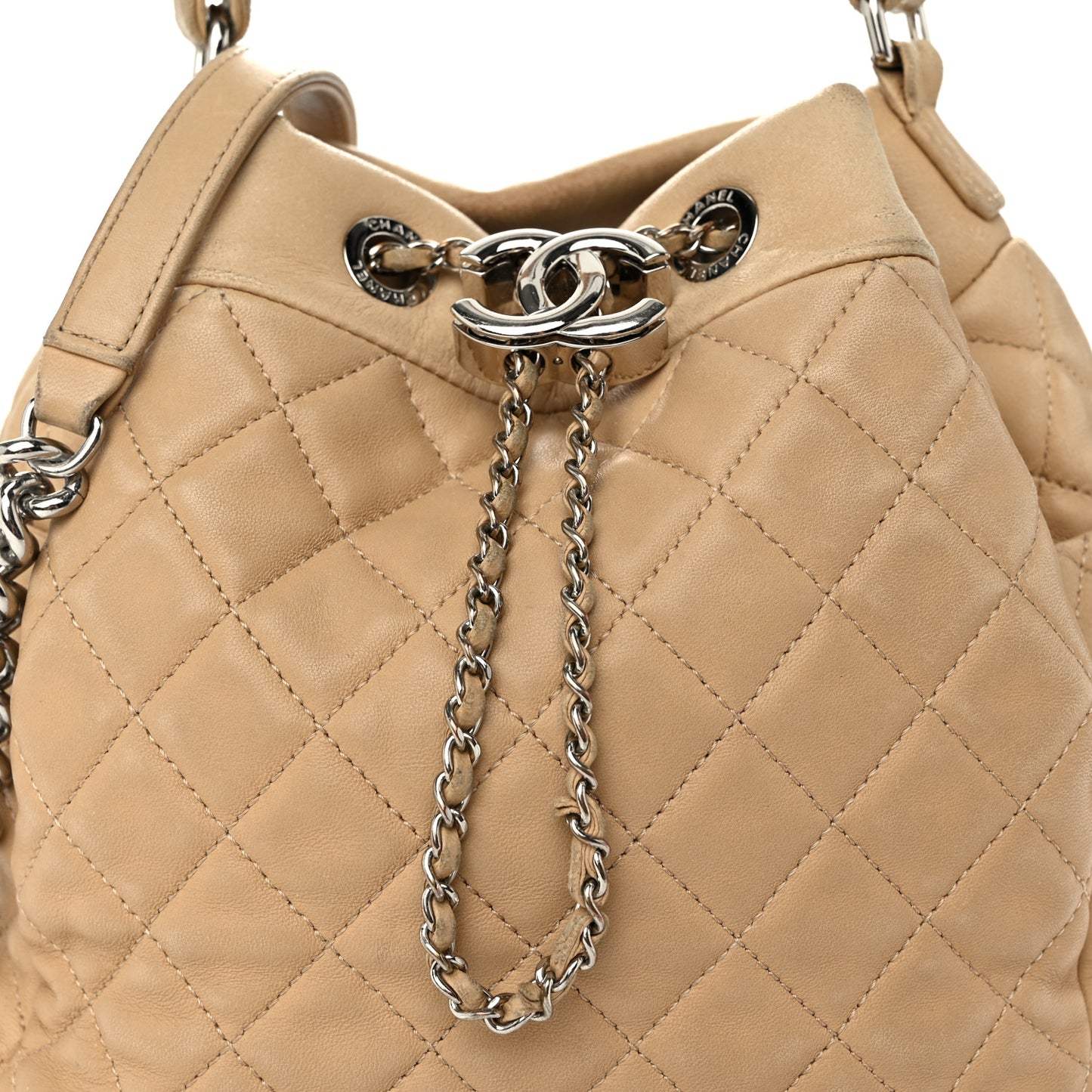 Lambskin Quilted Small CC Chain Bucket Drawstring Bag Light Beige