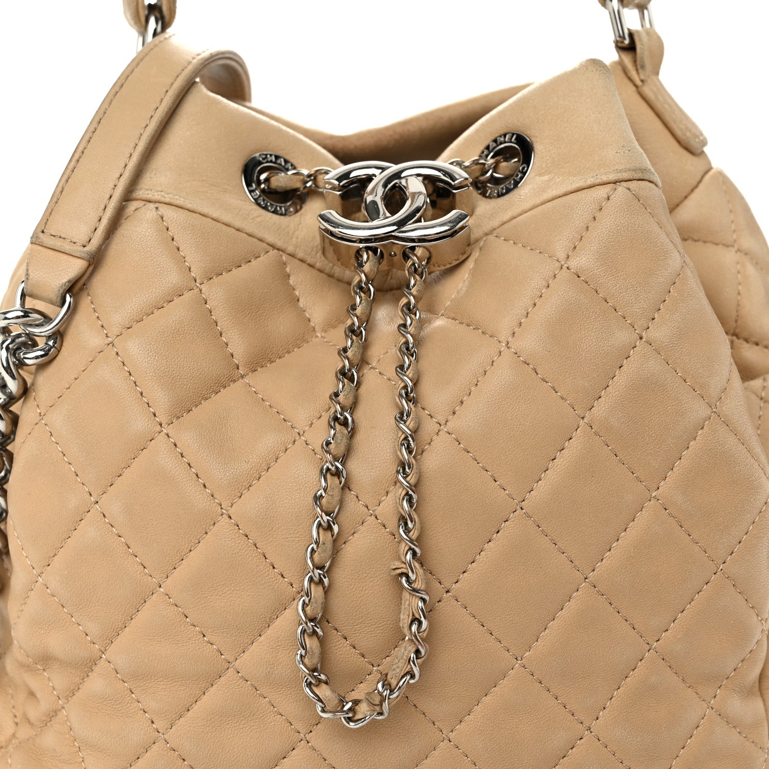 Chanel Lambskin Quilted Small CC Chain Bucket Drawstring Bag Light Beige 8 of 13