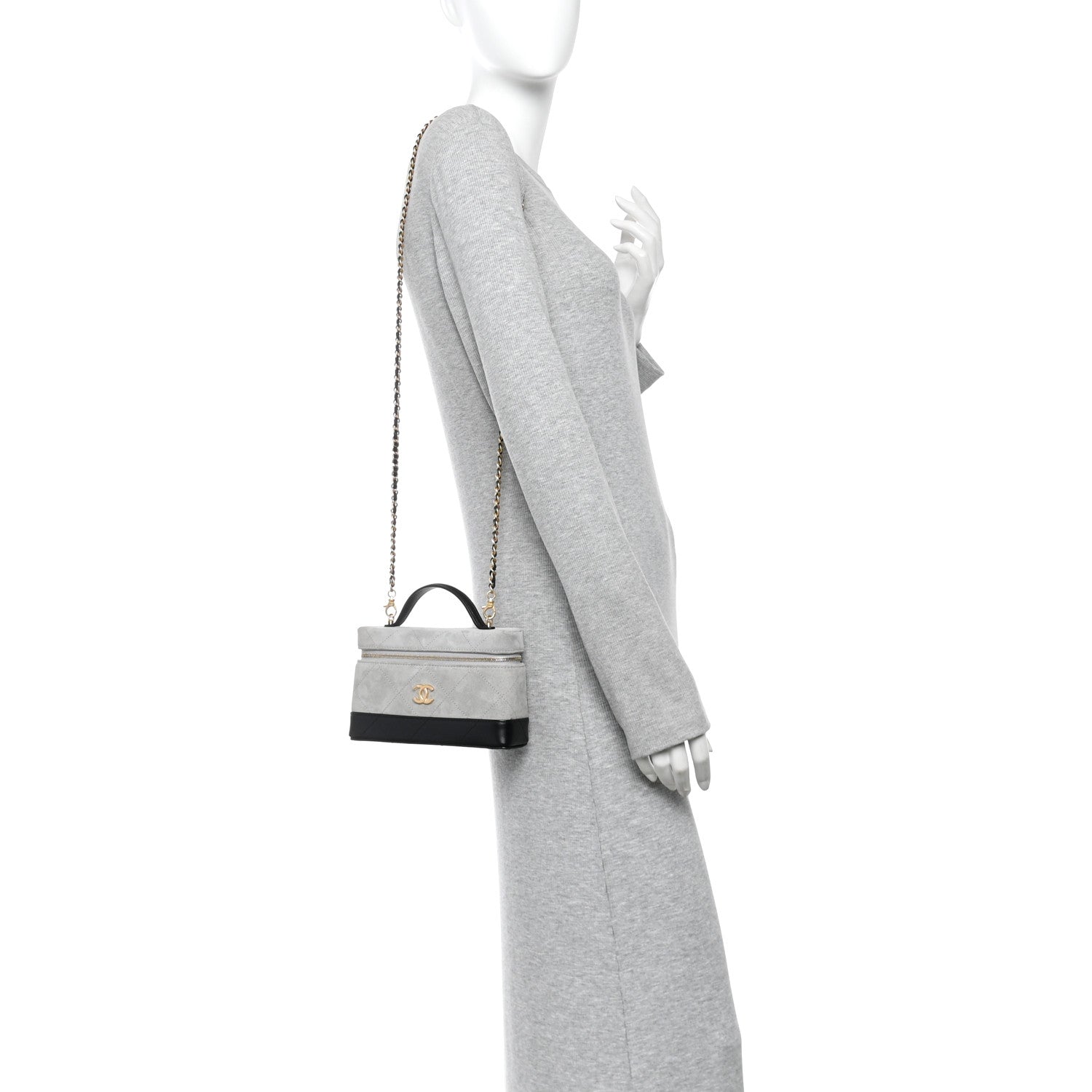 Chanel Suede Calfskin Shiny Lambskin Quilted Top Handle Slim Vanity Case With Chain Grey Black 2 of 13