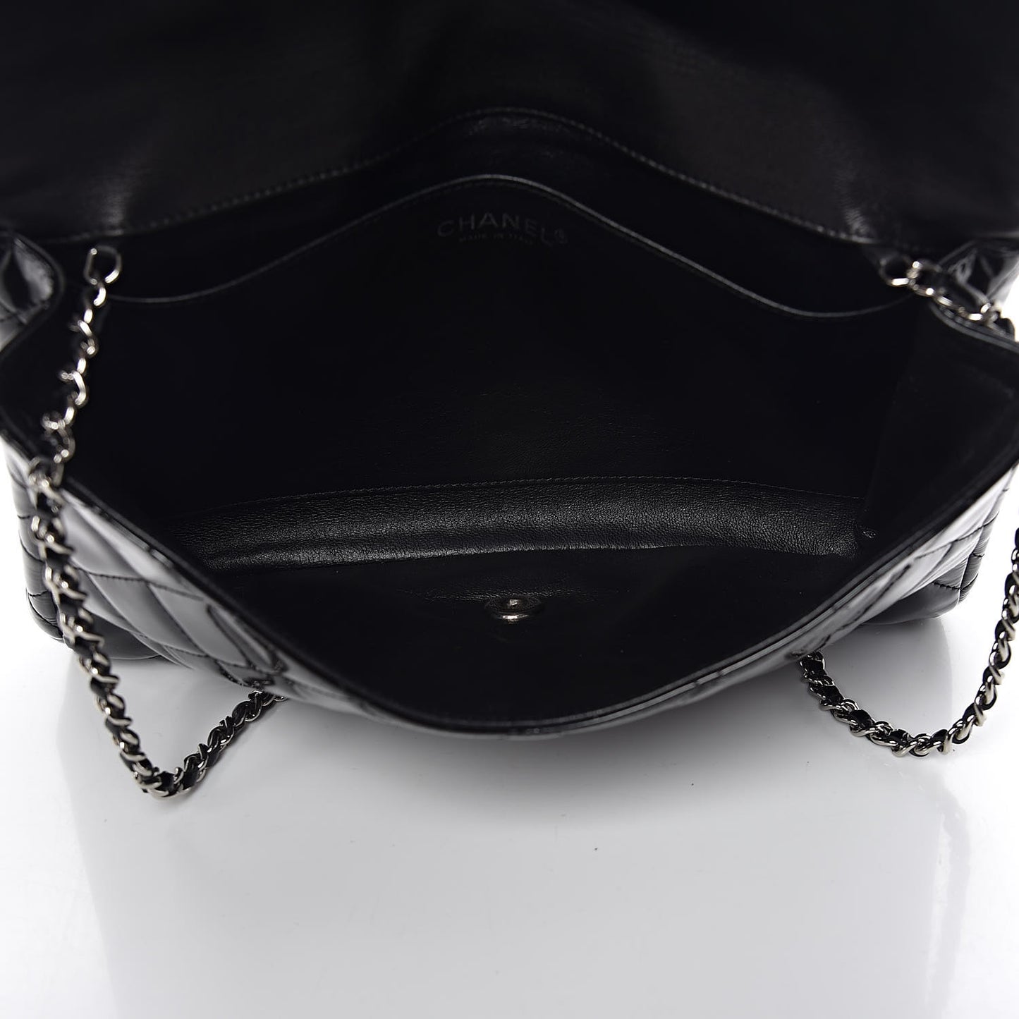 Patent Quilted Clutch with Chain Flap Black