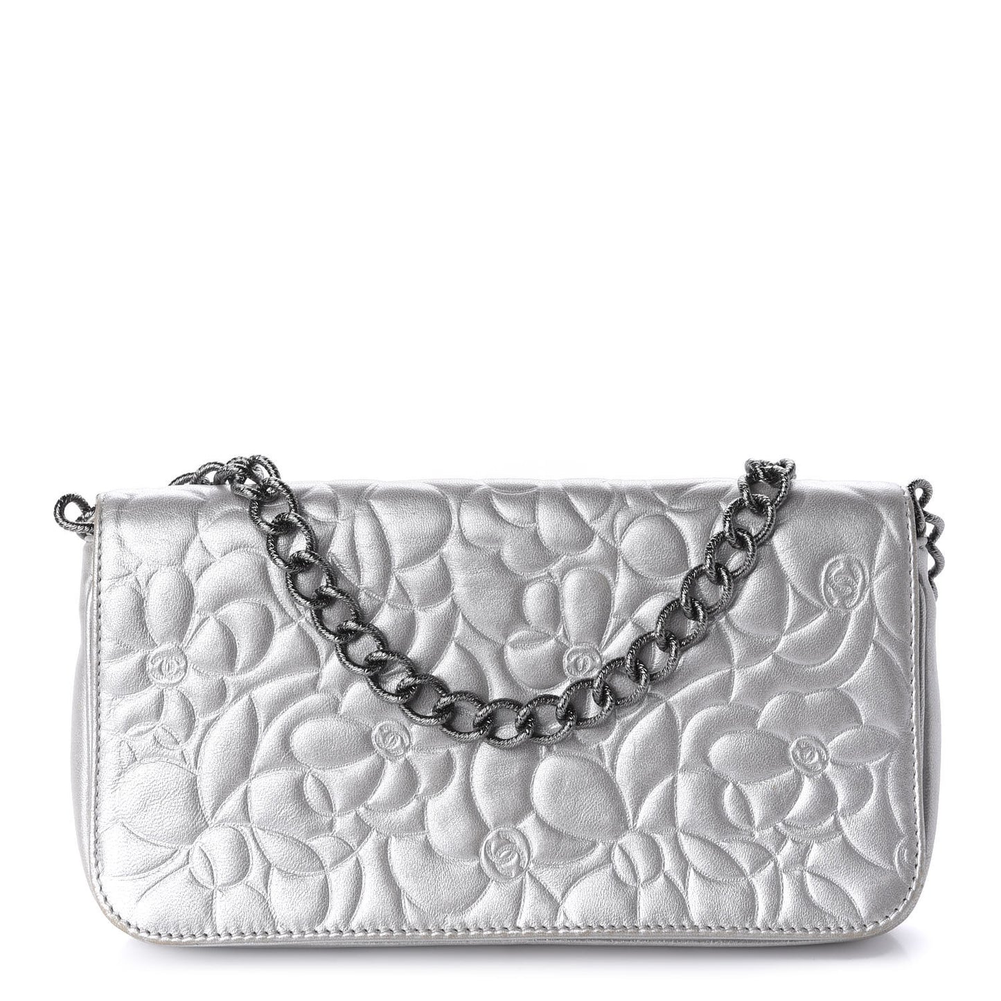 Metallic Lambskin Camellia Single Flap Silver