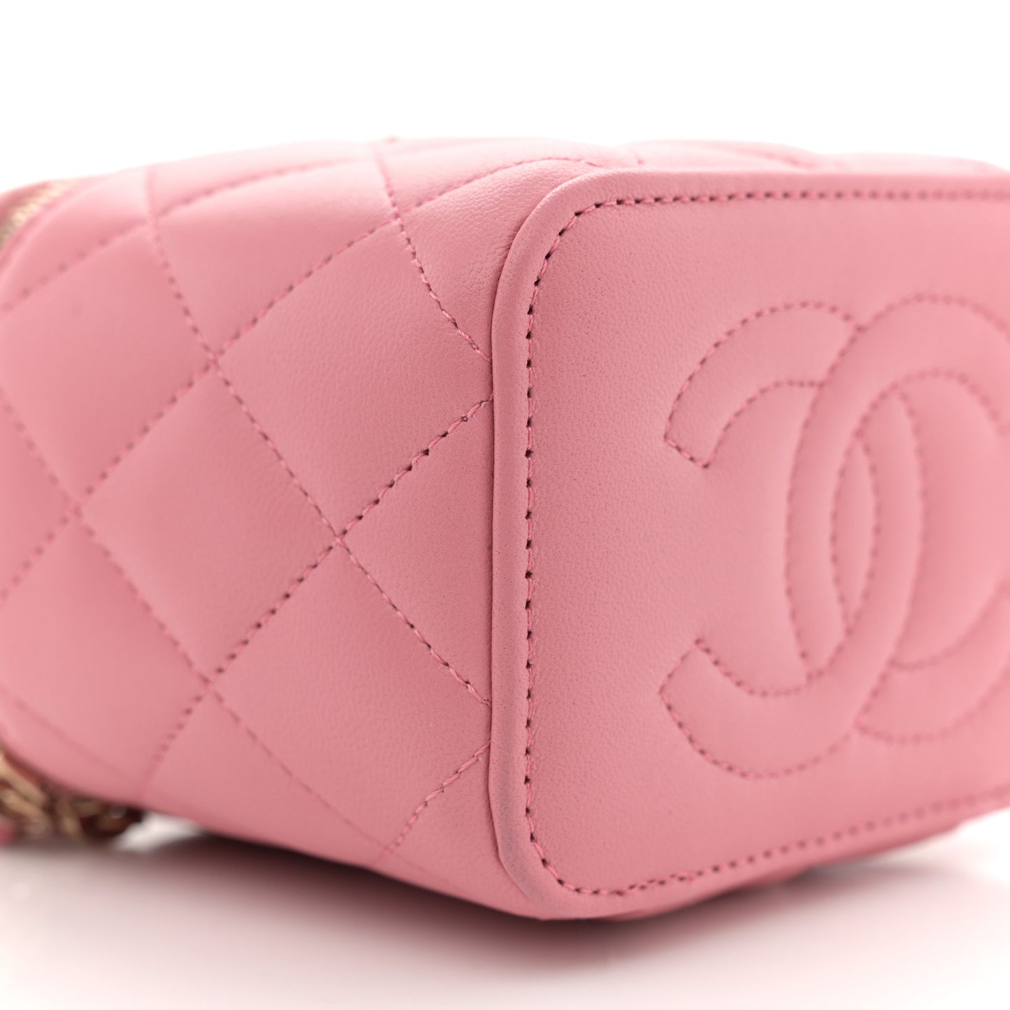Lambskin Quilted Top Handle Mini Vanity Case With Chain Pink
