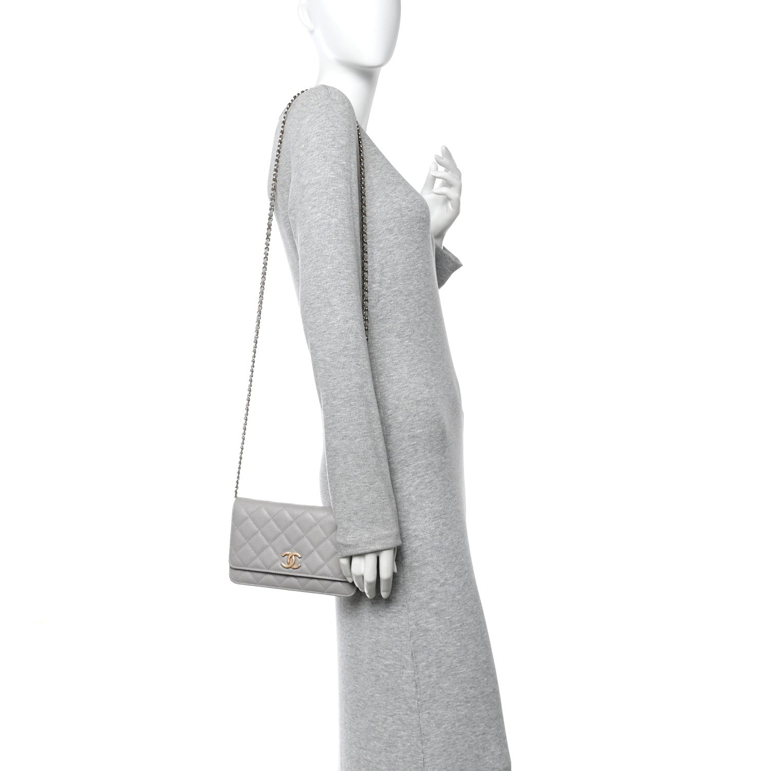 Chanel Caviar Quilted Studded CC Wallet On Chain WOC Grey 2 of 12