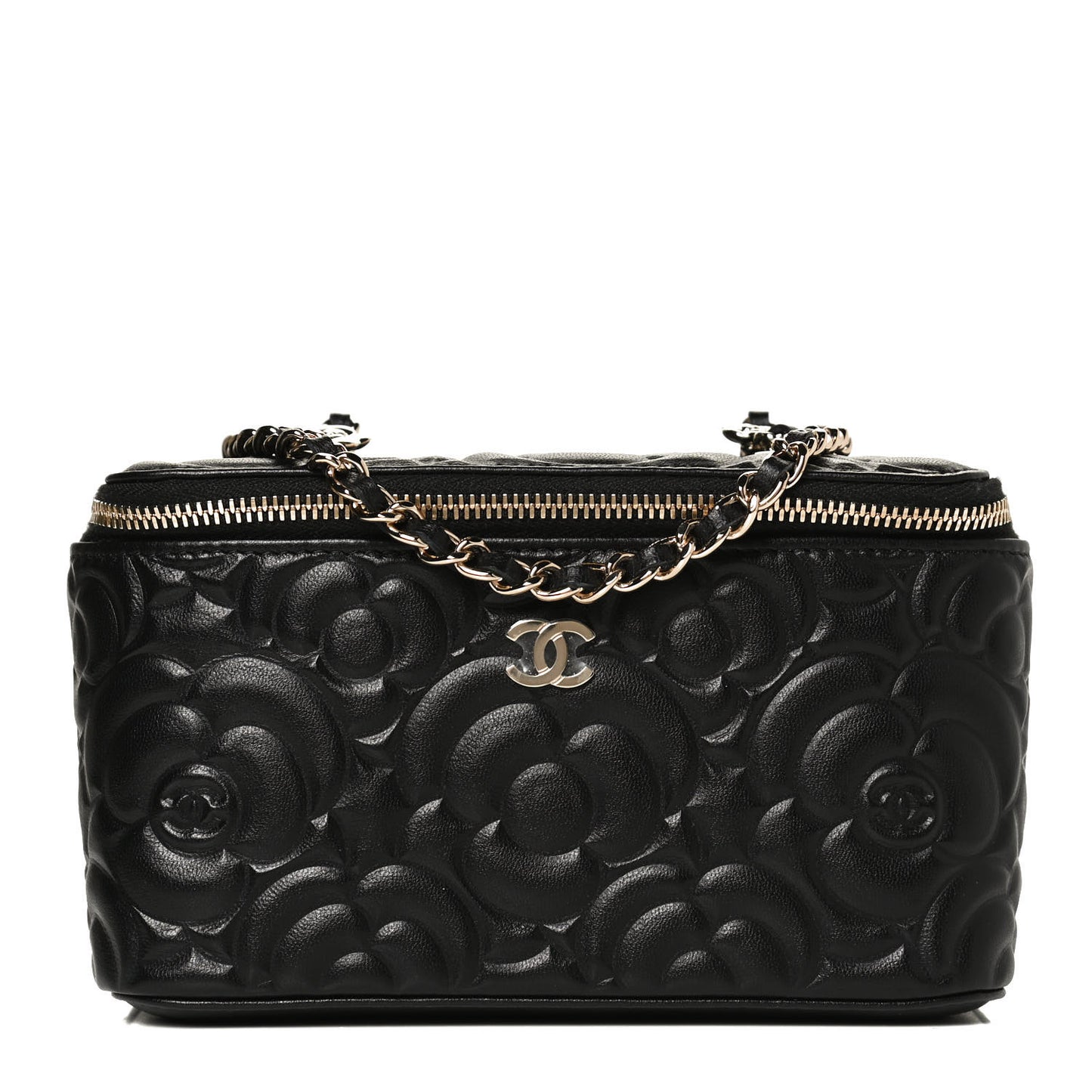 Lambskin Camellia Embossed Small Vanity Case With Chain Black