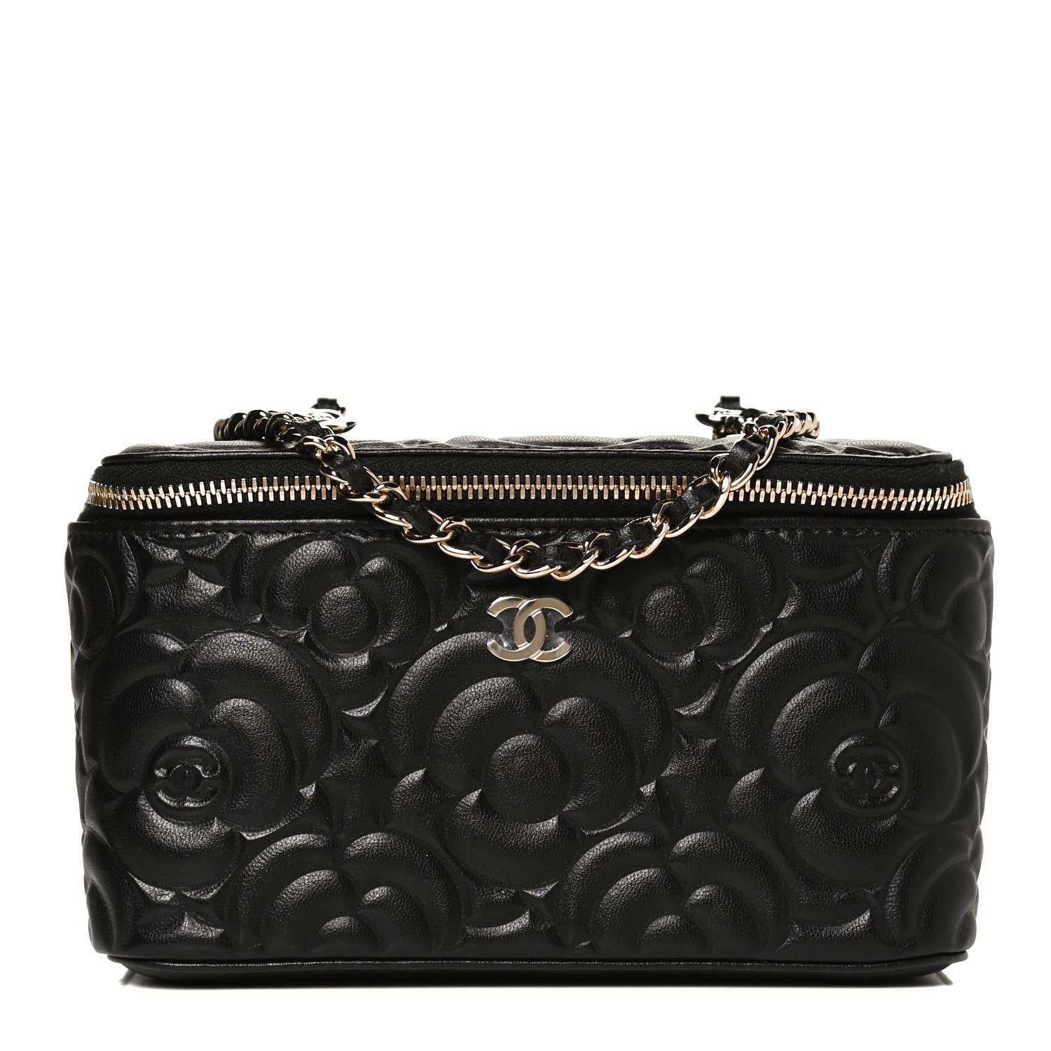Chanel Lambskin Camellia Embossed Small Vanity Case With Chain Black 1 of 13
