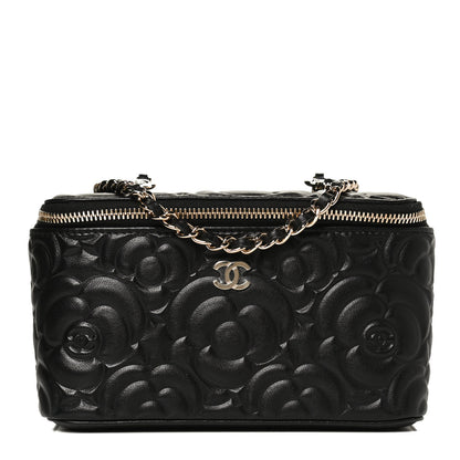Chanel Lambskin Camellia Embossed Small Vanity Case With Chain Black 1 of 13