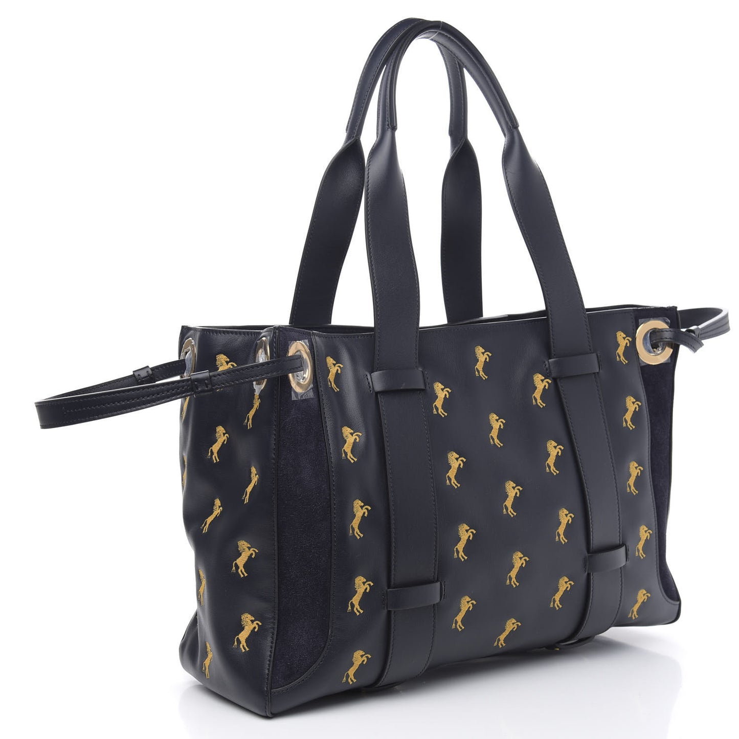 Smooth Calfskin Little Horses Embroidered Tao Zipped Tote Full Blue