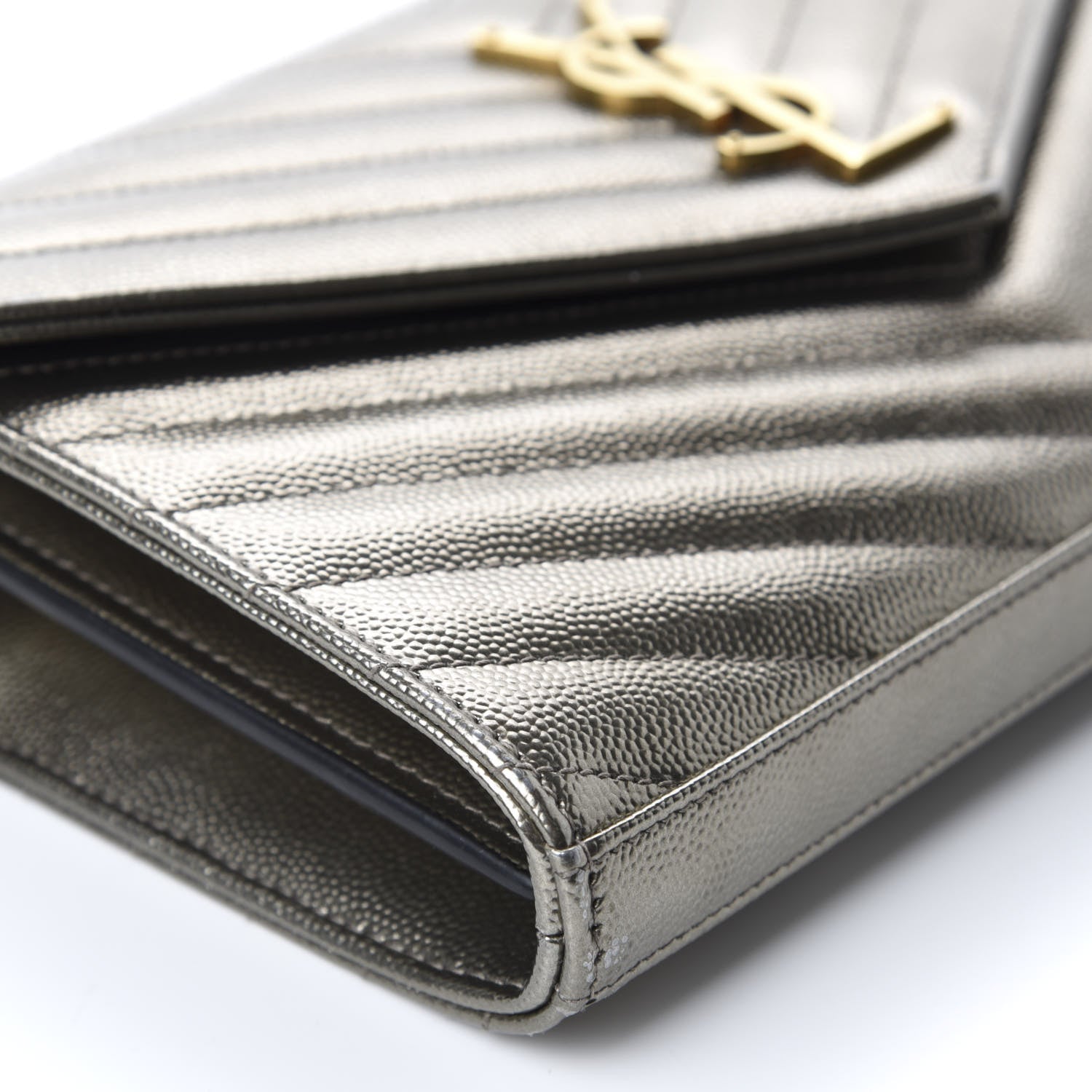 Saint Laurent Metallic Grain De Poudre Matelasse Chevron Monogram Chain Wallet Gold 7 of 11