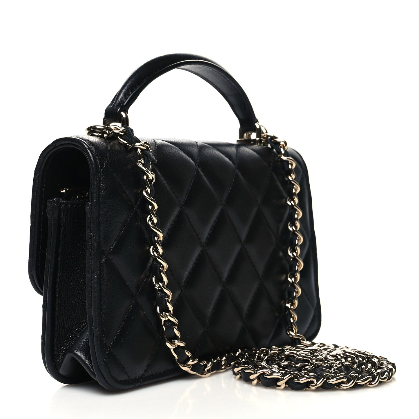 Lambskin Quilted Flap Phone Holder With Chain Black