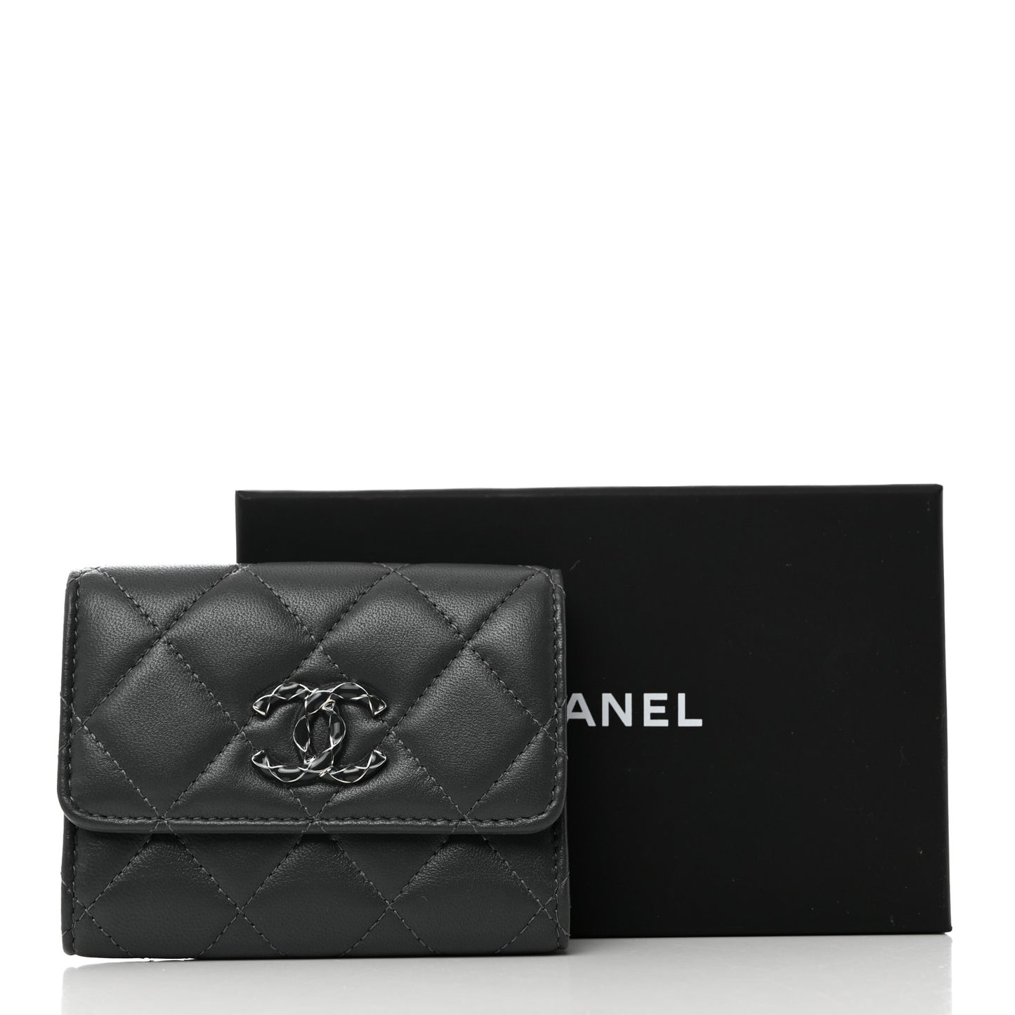 Lambskin Enamel Quilted Compact Flap Wallet Dark Grey