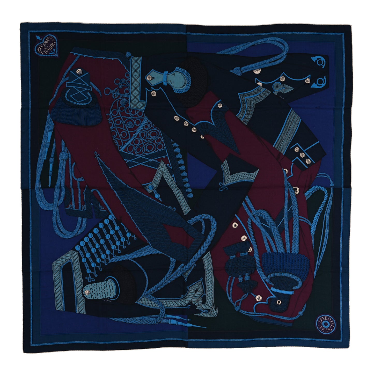 Cashmere Silk Zouaves Et Dragons Shawl 140 Marine Bordeaux Cobalt