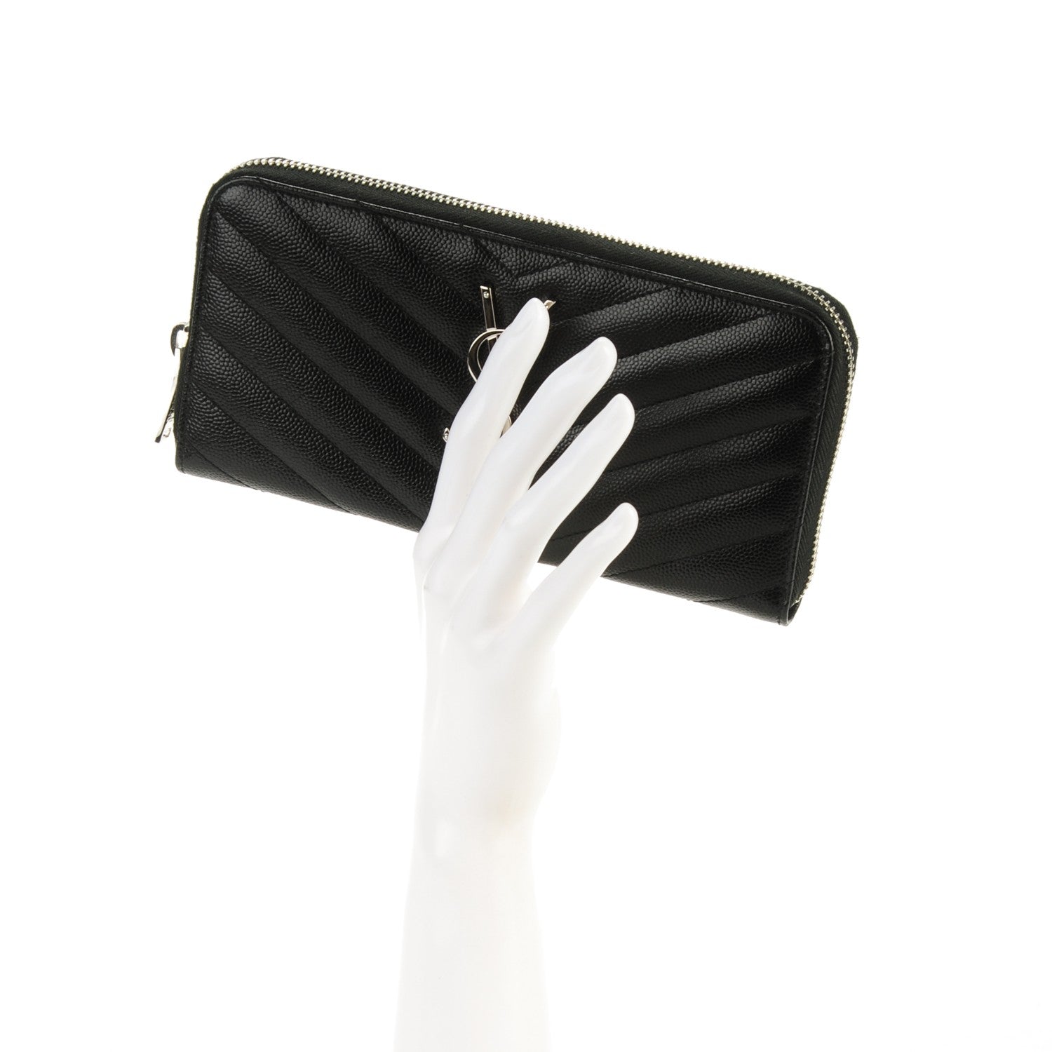 Saint Laurent Grain De Poudre Matelasse Chevron Monogram Zip Around Wallet Black 2 of 7