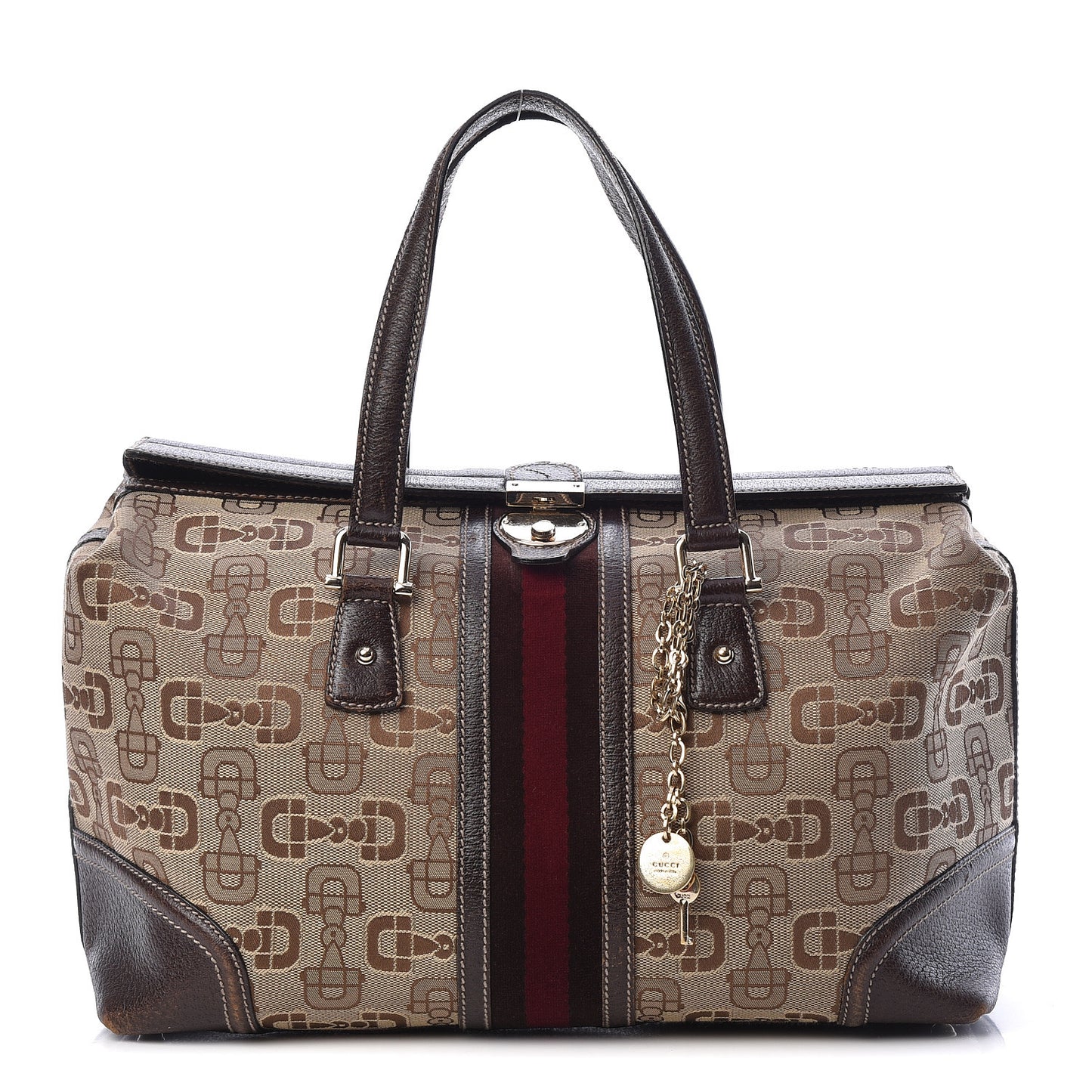 Horsebit Canvas Large Treasure Boston Tote Dark Brown
