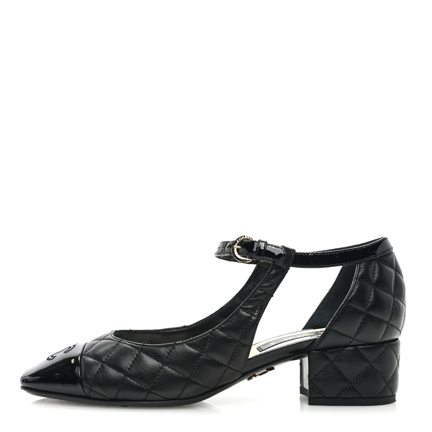 Lambskin Patent Quilted Cap Toe Mary Jane Flats 38.5 Black