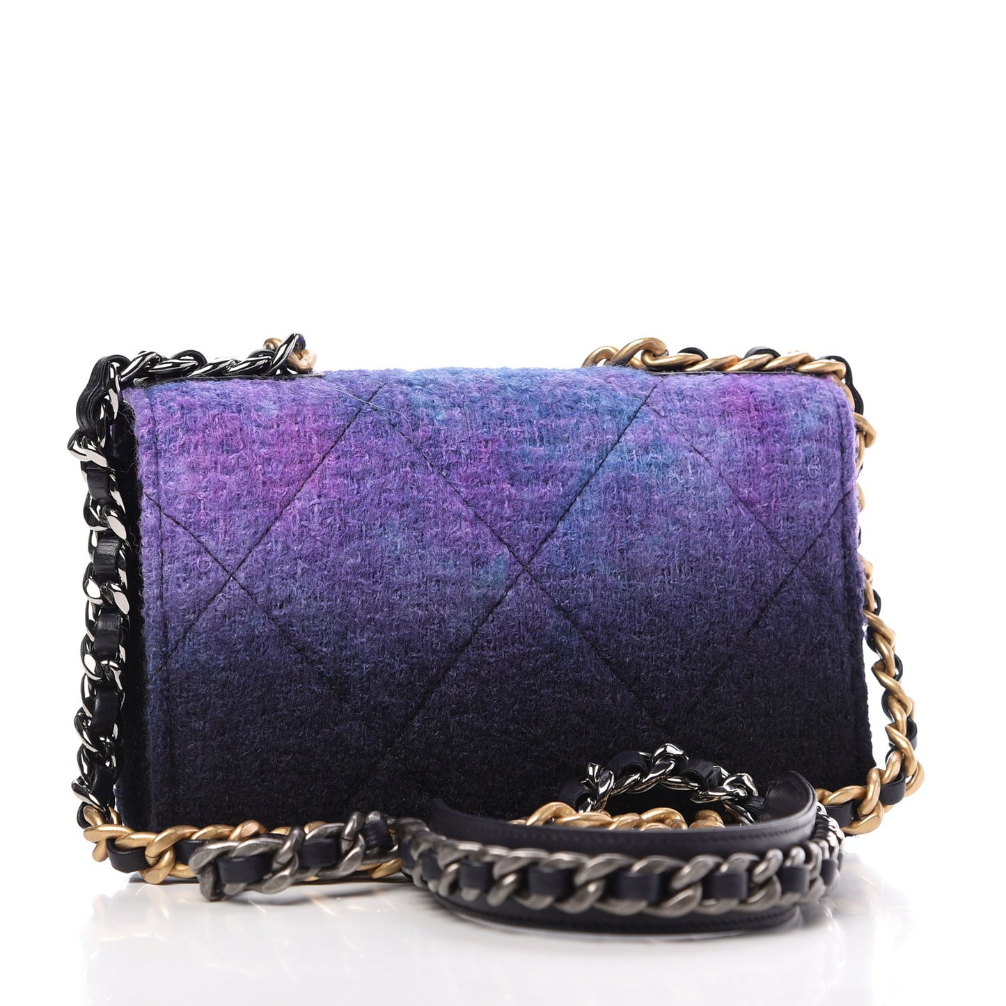 Wool Tweed Lambskin Quilted 19 Wallet On Chain WOC and Coin Purse Purple Blue
