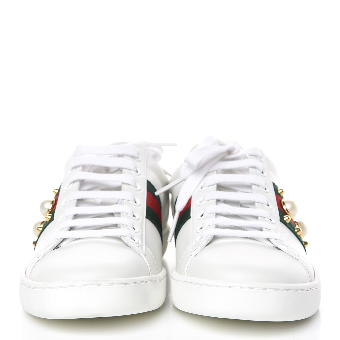 Calfskin Web Pearl Studded Womens Ace Sneakers 35.5 White