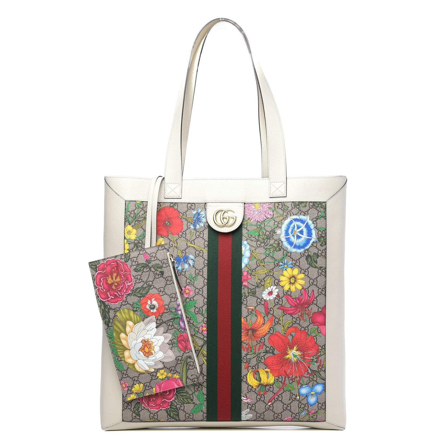 GG Supreme Monogram Flora Web Ophidia Vertical Shopping Tote White