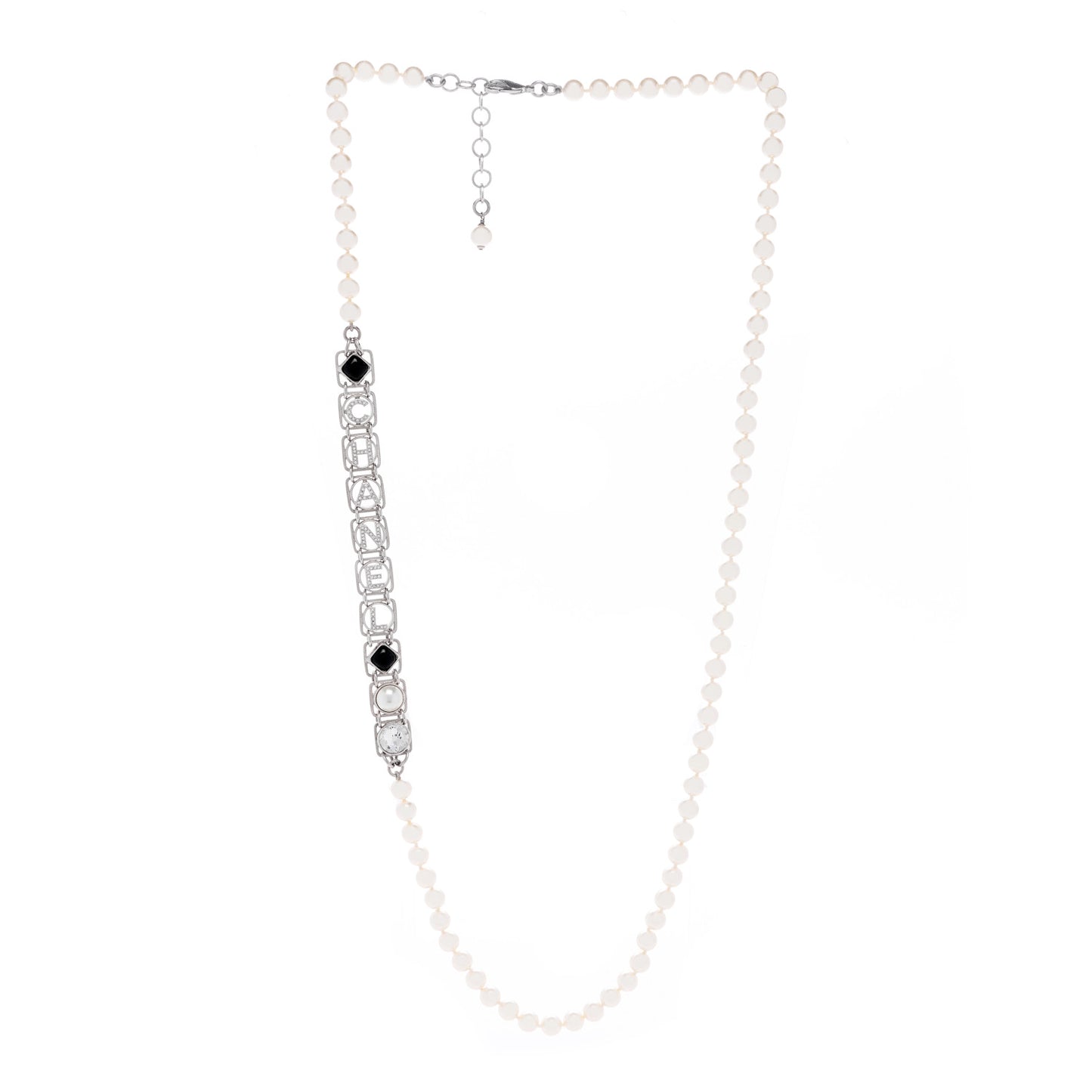 Crystal Pearl Resin Chanel Logo Long Necklace Silver Pearly White Black