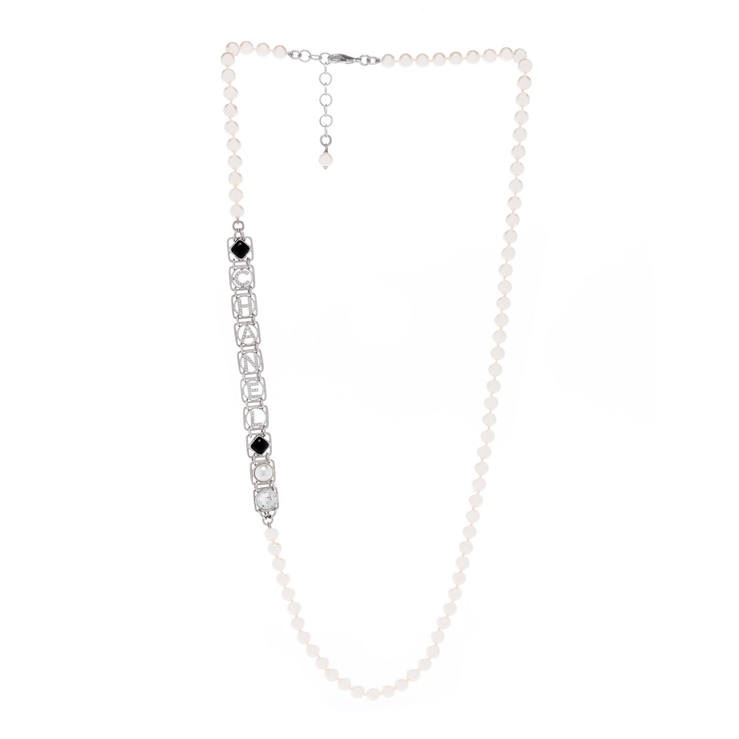 Chanel Crystal Pearl Resin Chanel Logo Long Necklace Silver Pearly White Black 2 of 3